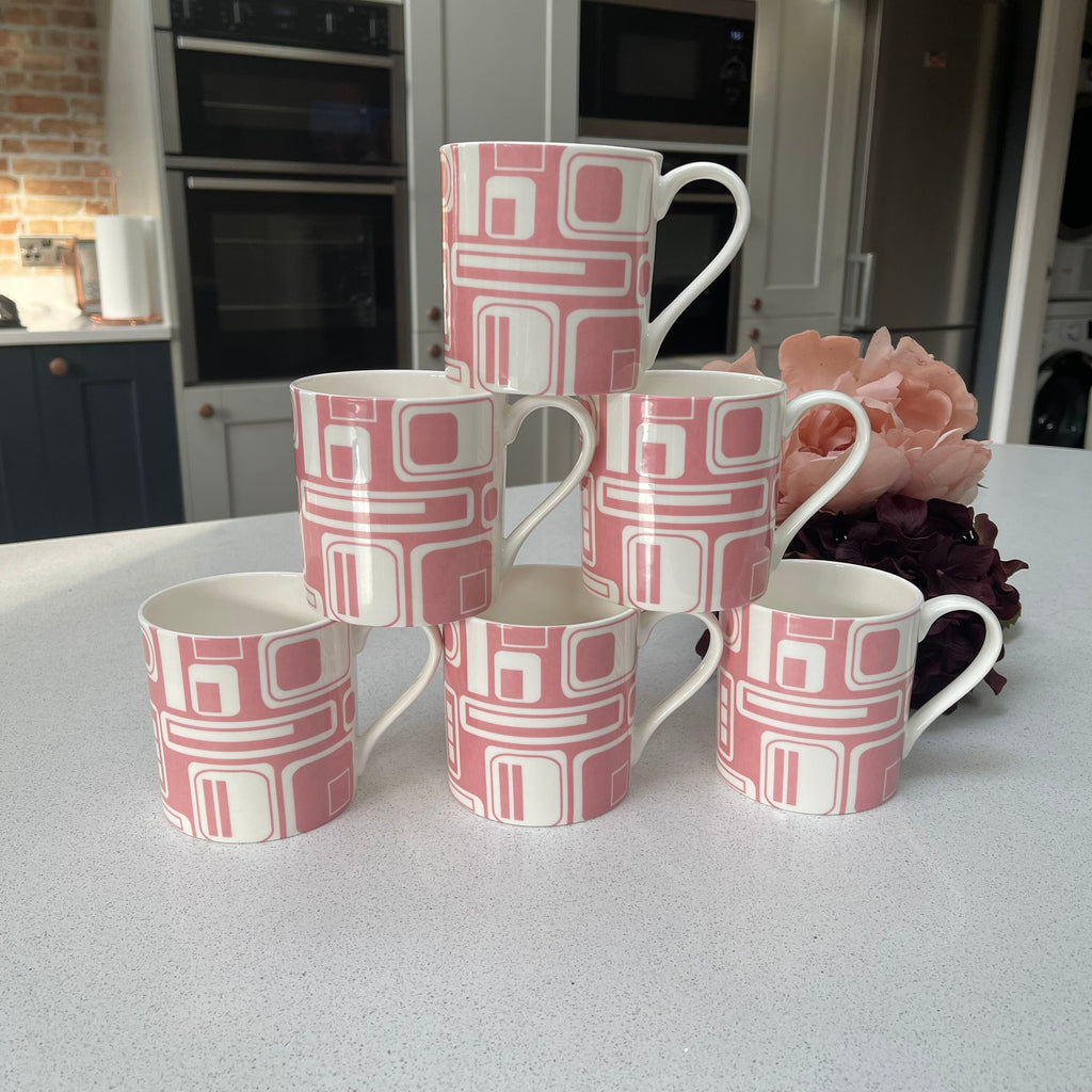 Set of 6 Fine Bone China 12oz retro pink and white mugs