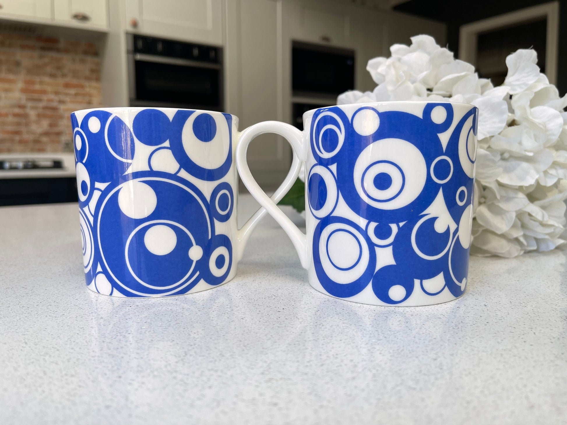 Set of 6 12oz Fine Bone China Blue Circles Mug Set