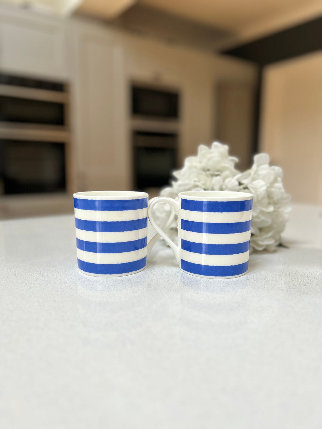 Horizontal Blue Stripe 6 Mug Set - 12oz Fine Bone China Cup