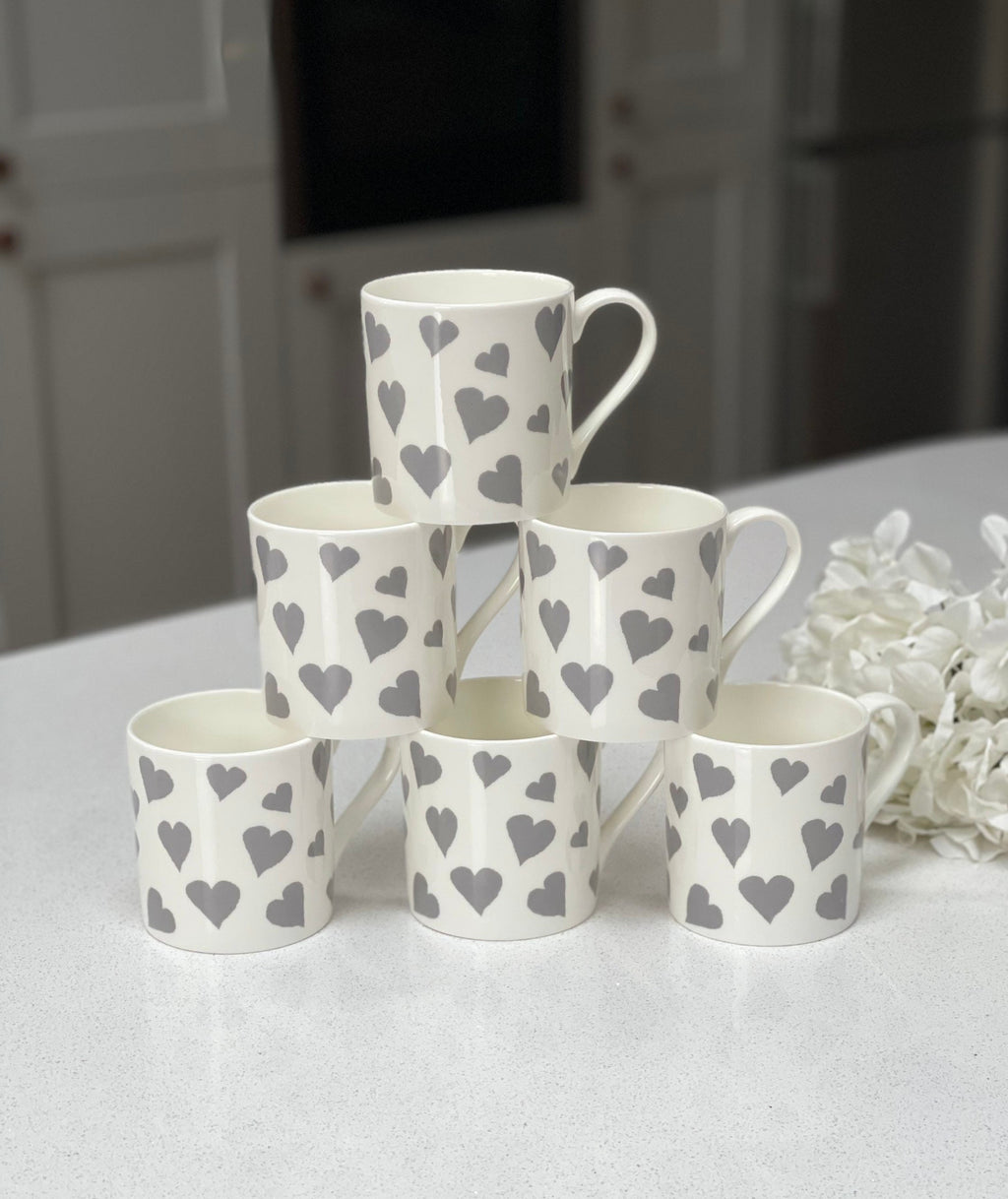 Set of 6 Grey Love Heart Fine Bone China Mugs
