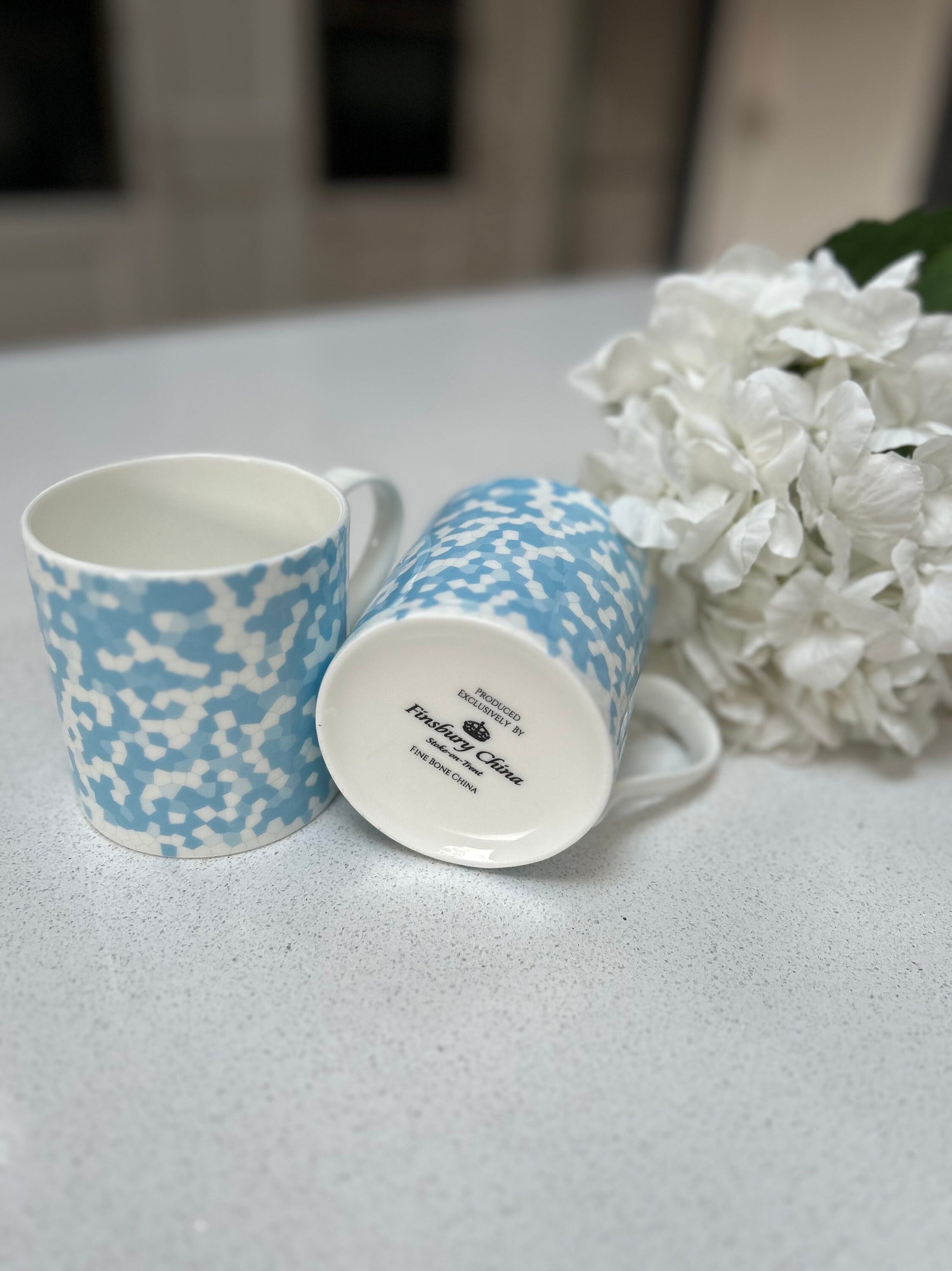 Set of 6 12oz Fine Bone China Mug Set in a Light Blue Honeycomb Design