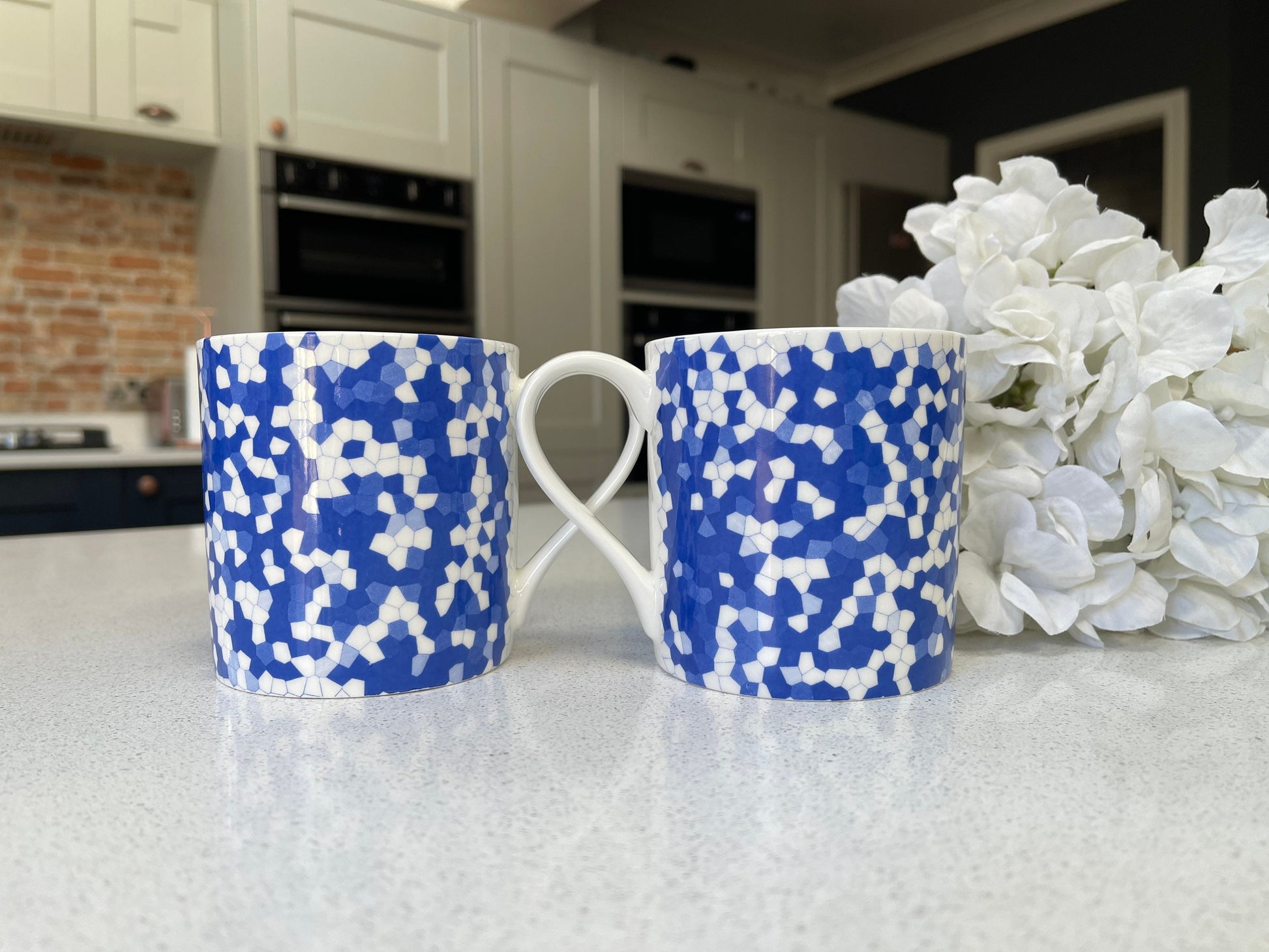 Set of 6 12oz Fine Bone China Mug Set in a Blue Honeycomb Design