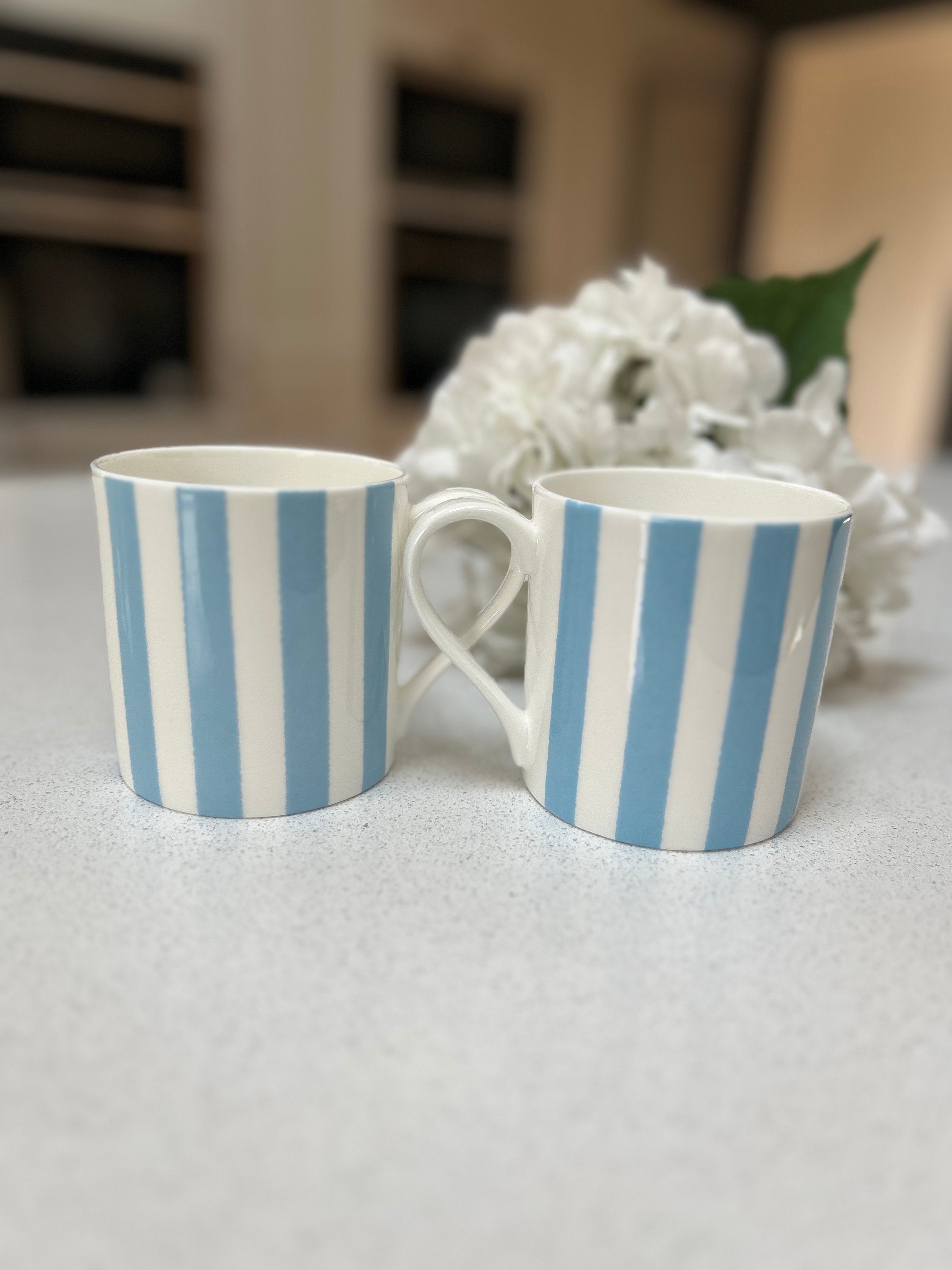 "Light Blue Vertical Stripes" 12oz Fine Bone China Mug