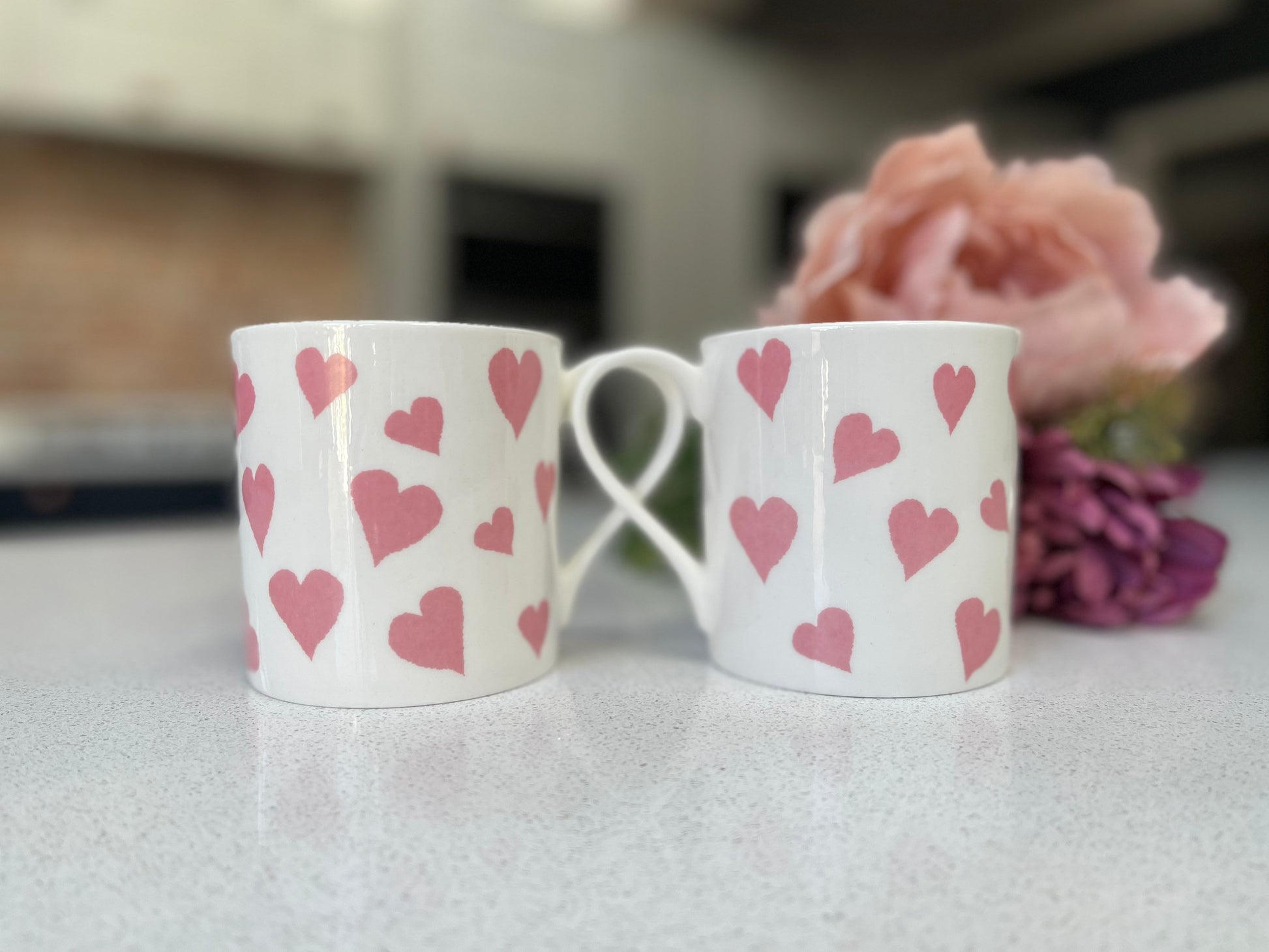 Set of 6 Fine Bone China Pink Hearts Mug Set