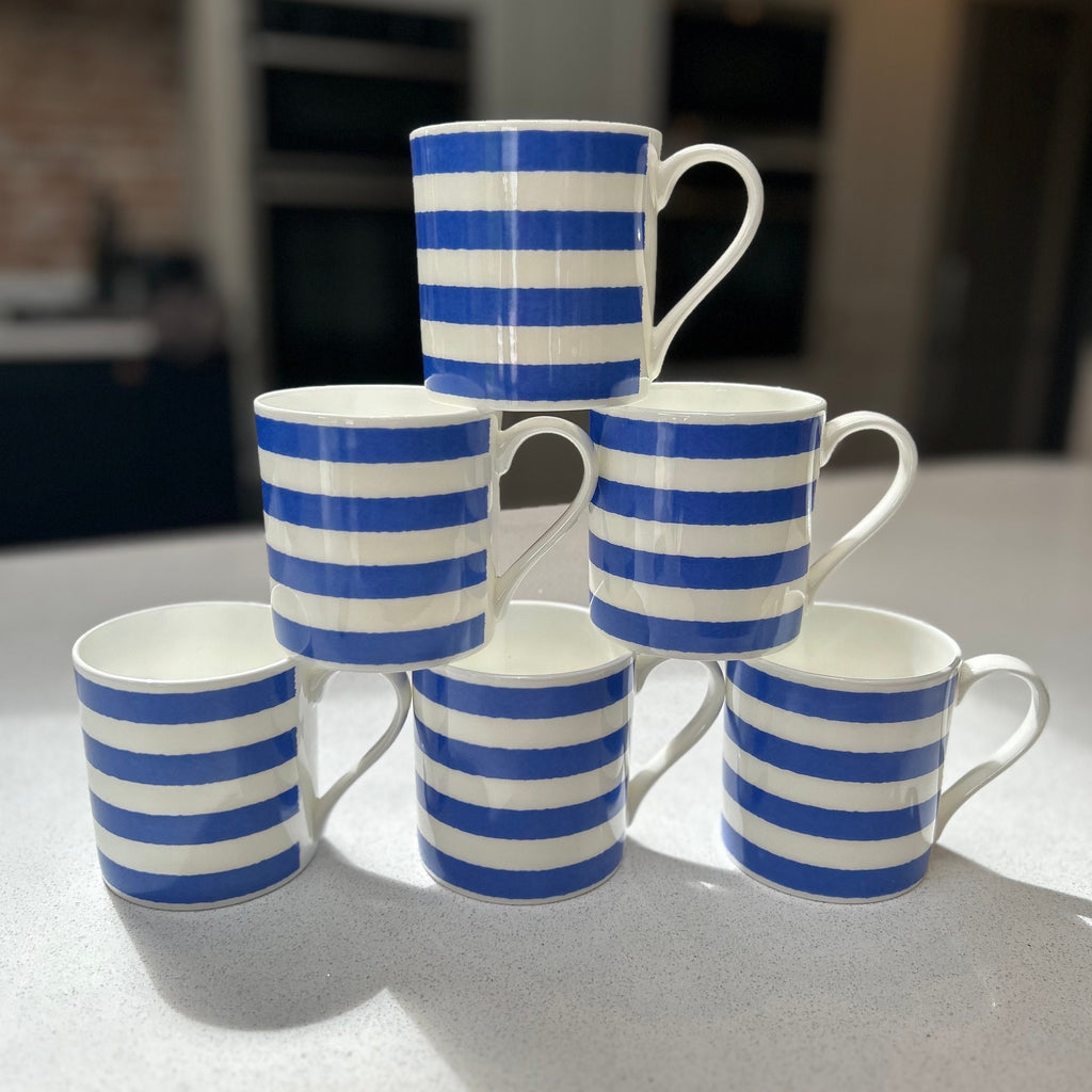 Horizontal Blue Stripe 6 Mug Set - 12oz Fine Bone China Cup