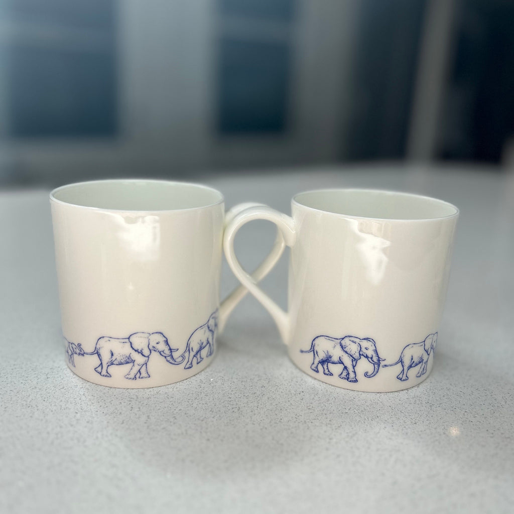 12oz Fine Bone China Elephant in blue 6 Mug Set