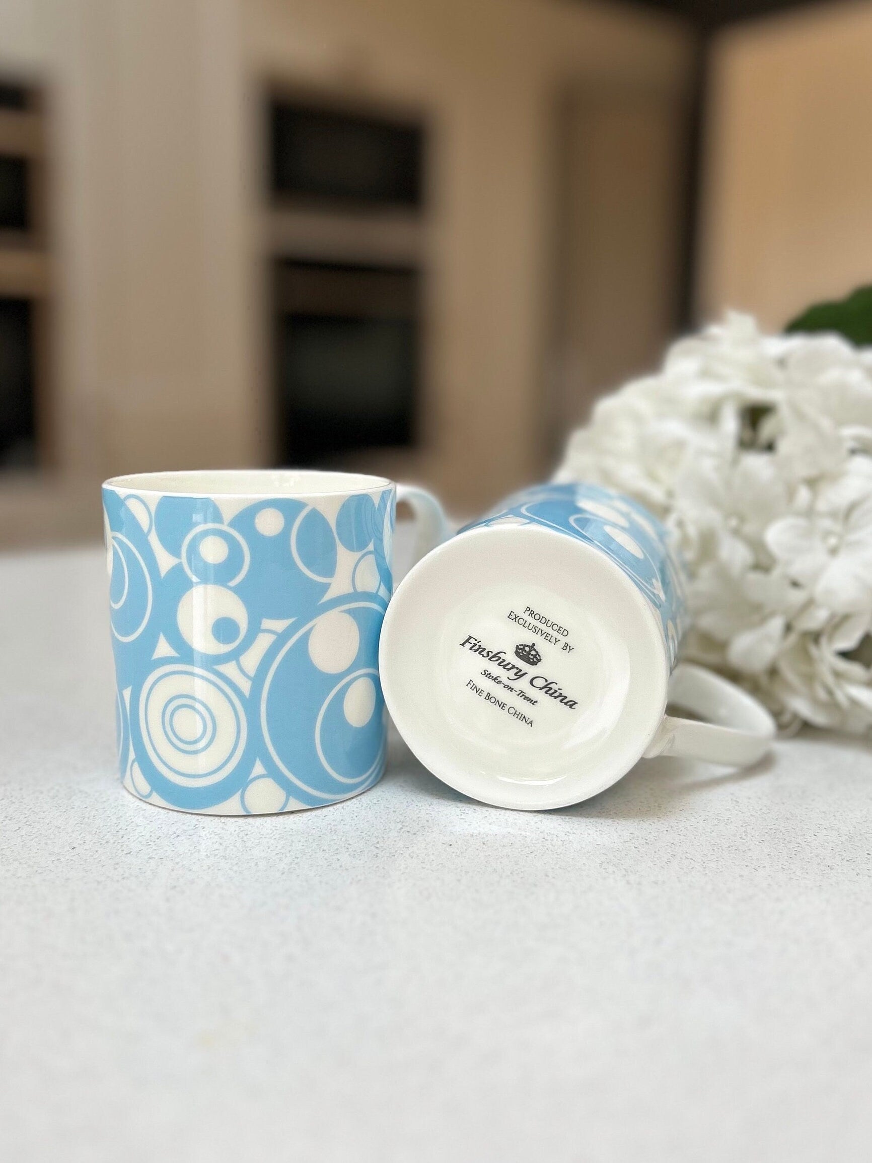 Set of 6 12oz Fine Bone China Light Blue Circles Mug Set