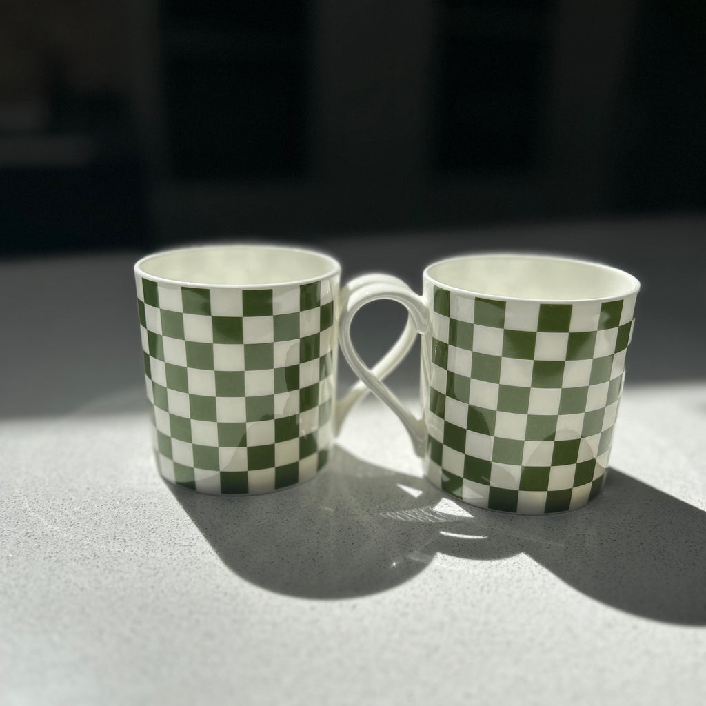 Green Checkerboard 6 Mug Set - 12oz Fine Bone China Cup