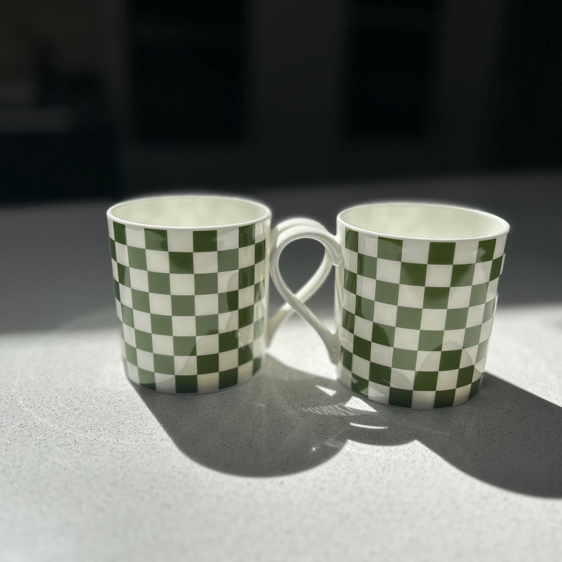 Green Checkerboard 6 Mug Set - 12oz Fine Bone China Cup