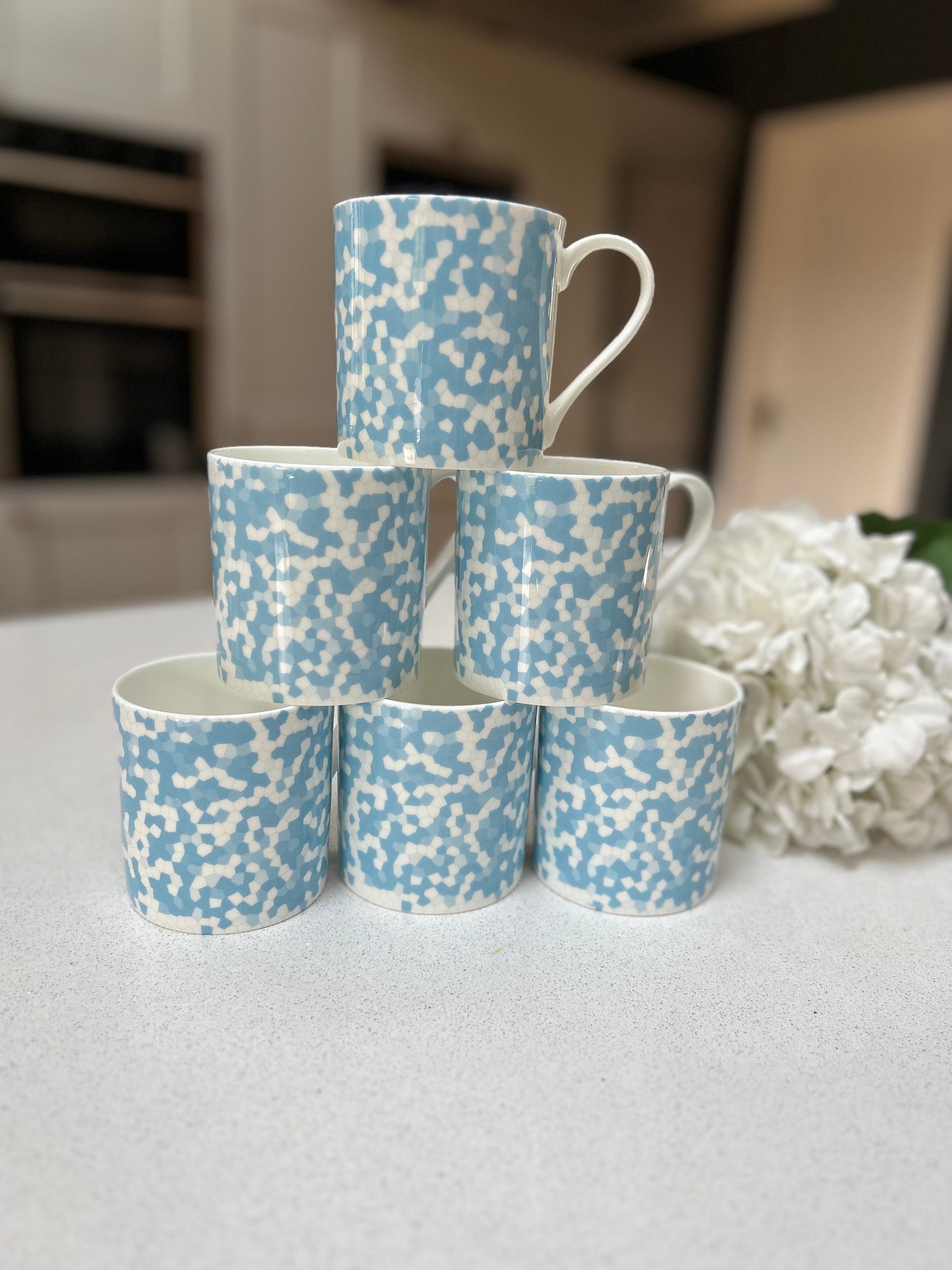 Set of 6 12oz Fine Bone China Mug Set in a Light Blue Honeycomb Design