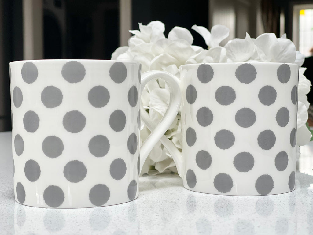 Set of 6 Fine Bone China 12oz Grey Spot Mugs