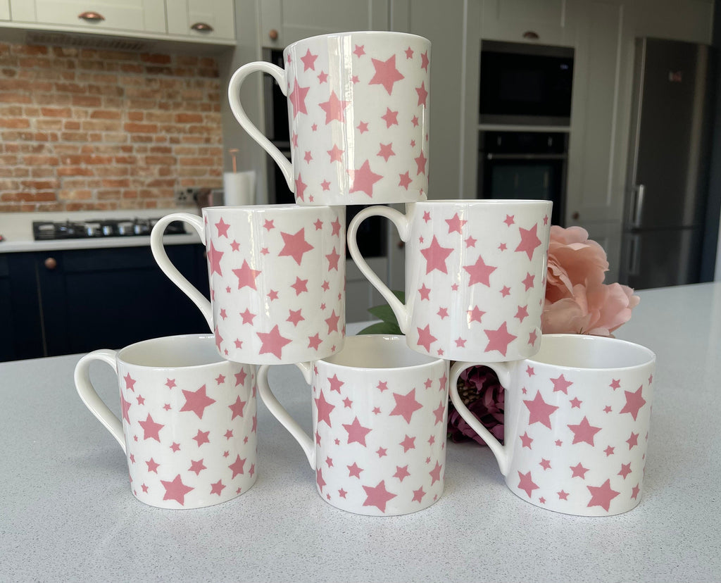 Set of 6 Fine Bone China Pink Star Mug Set