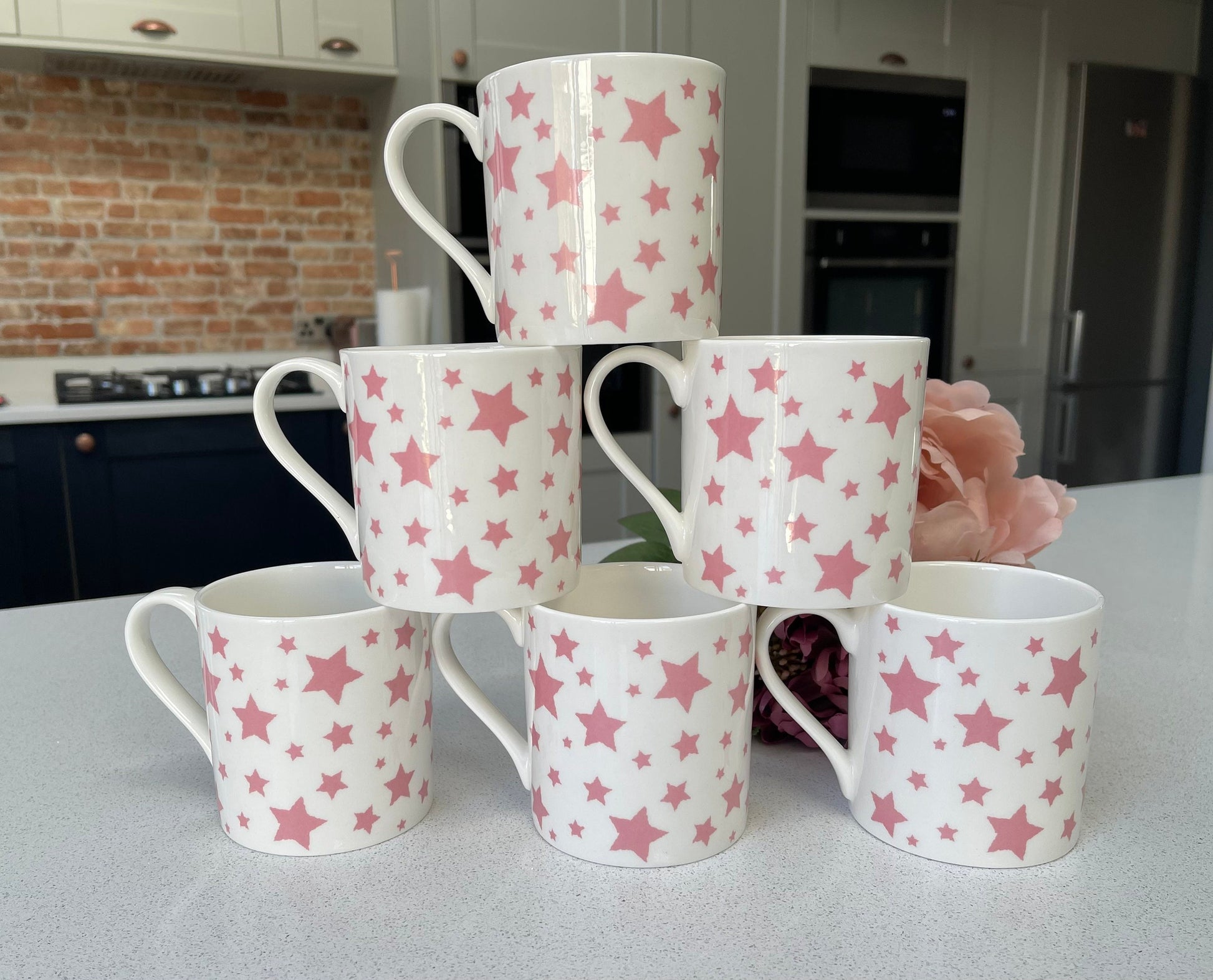 Set of 6 Fine Bone China Pink Star Mug Set