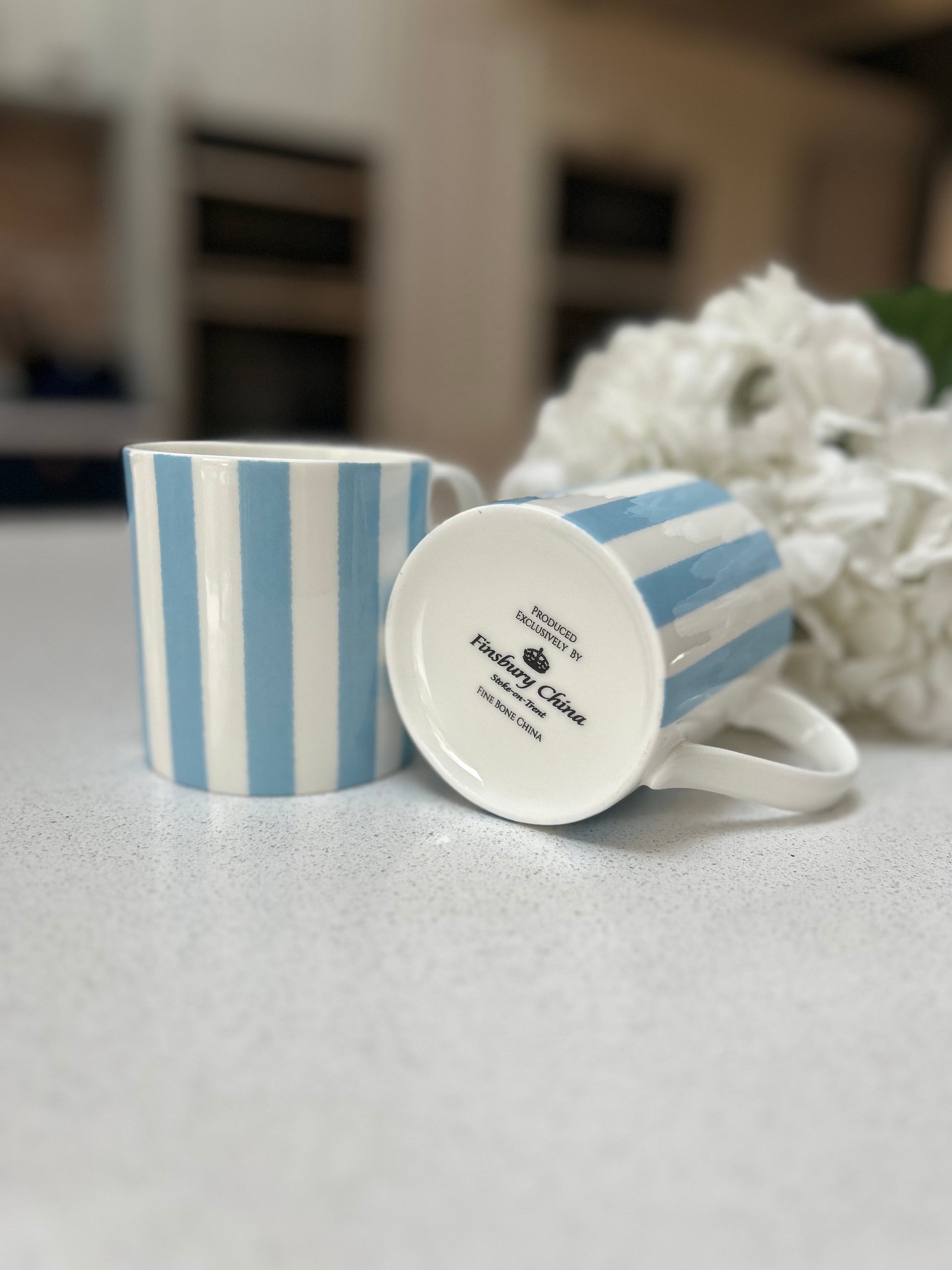Set of 6 Fine Bone China Light Blue Vertical Stripe Mug Set