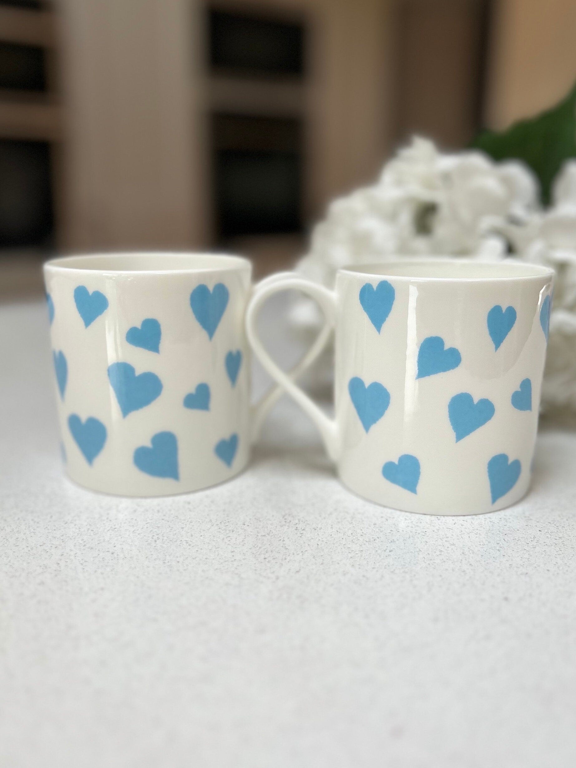 Set of 6 12oz Fine Bone China Blue Heart Mug Set