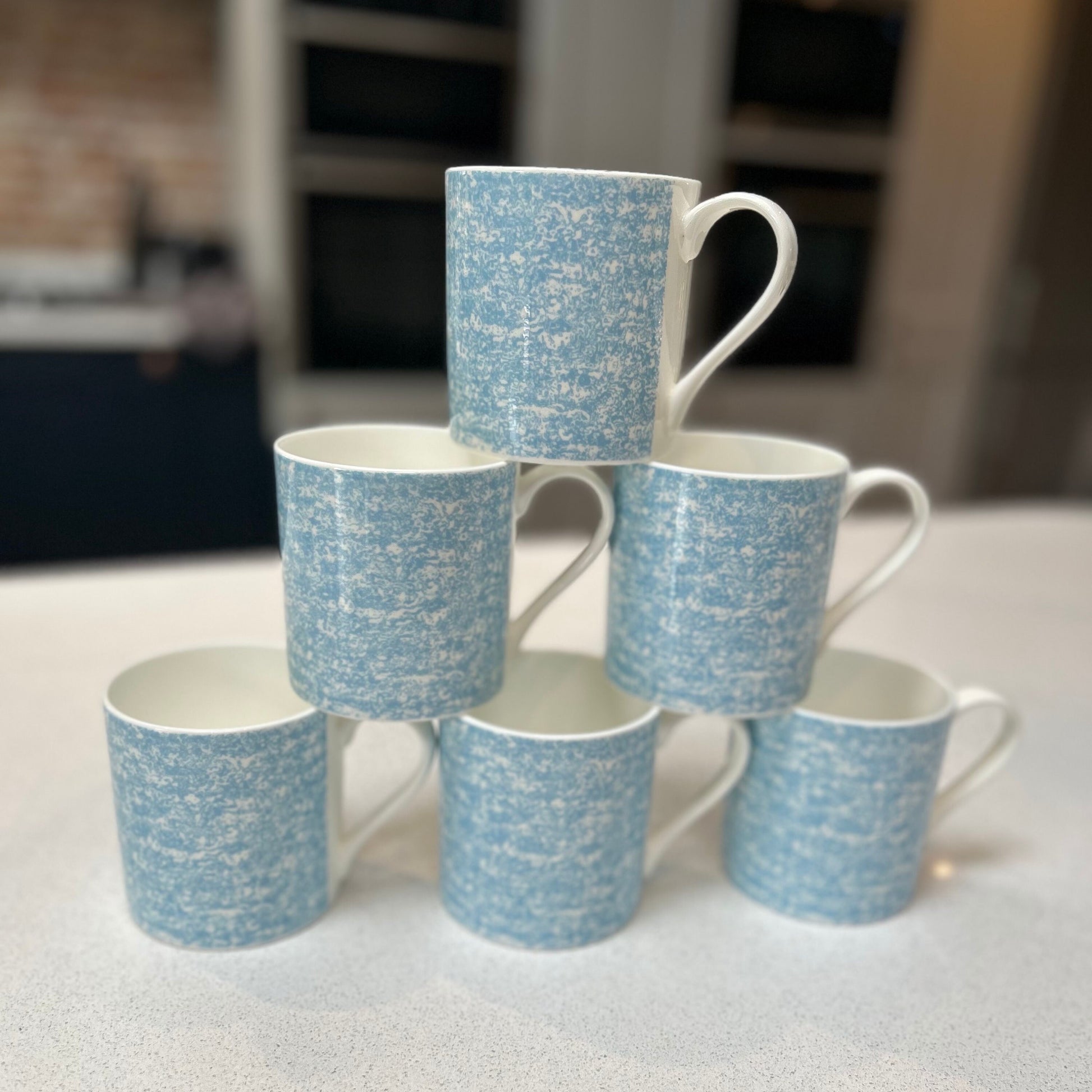 12oz Fine Bone China 6 Mug Set with a Light Blue Wraparound Design