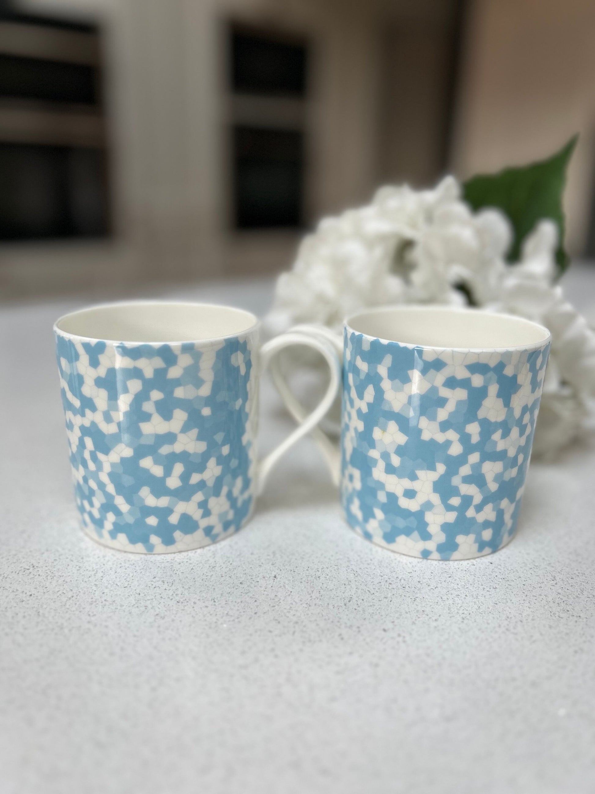 Set of 6 12oz Fine Bone China Mug Set in a Light Blue Honeycomb Design