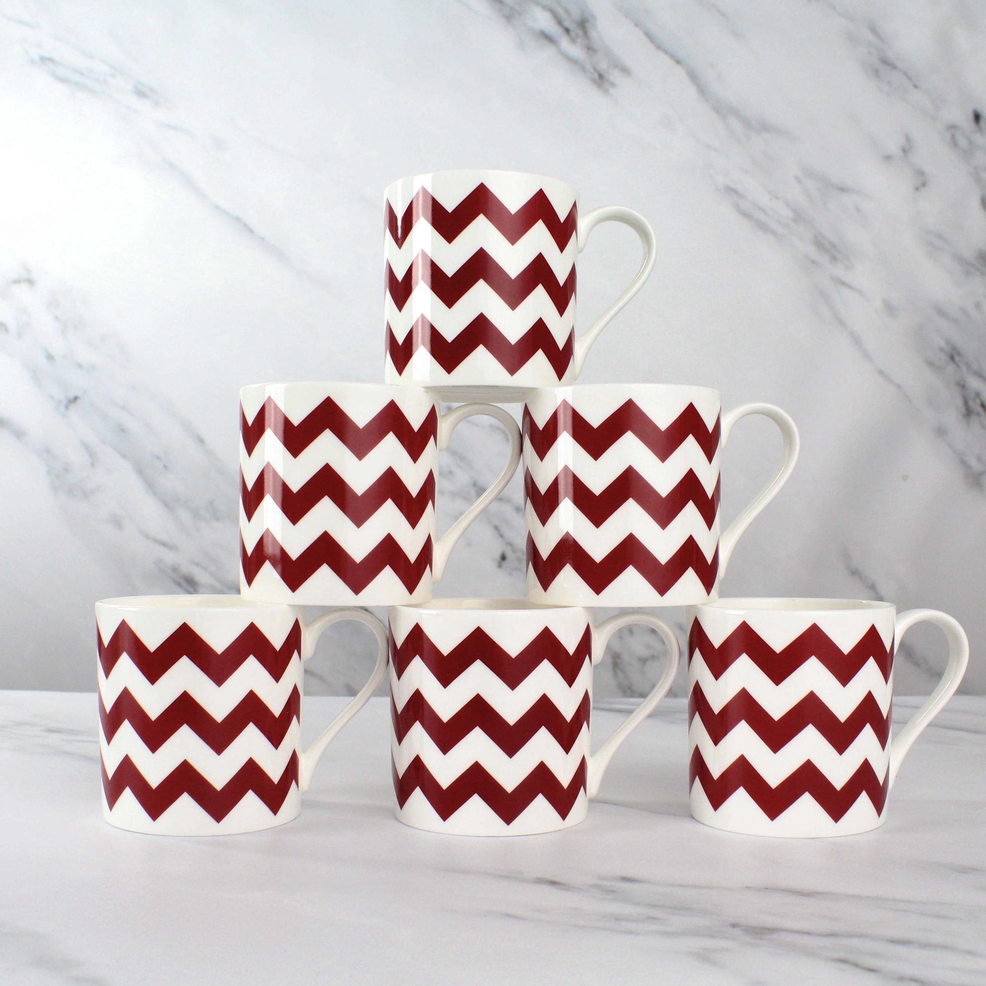 Set of 6 Fine Bone China Zigzag Wraparound Design in Burgundy