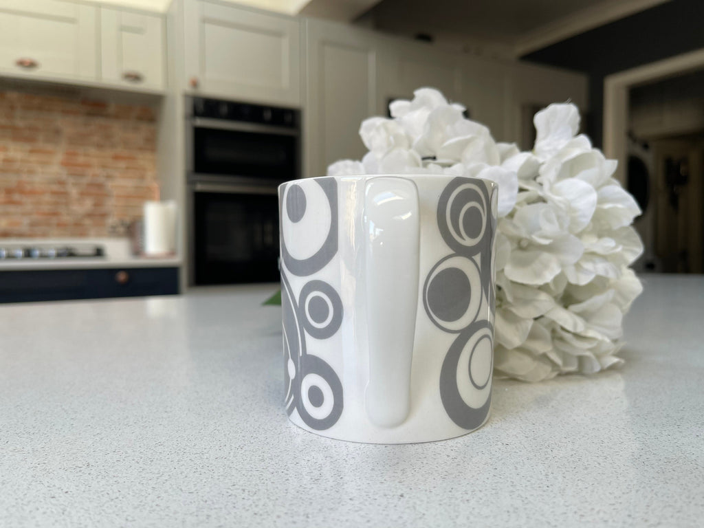 Set of 6 12oz Fine Bone China Grey Circles Mug Set