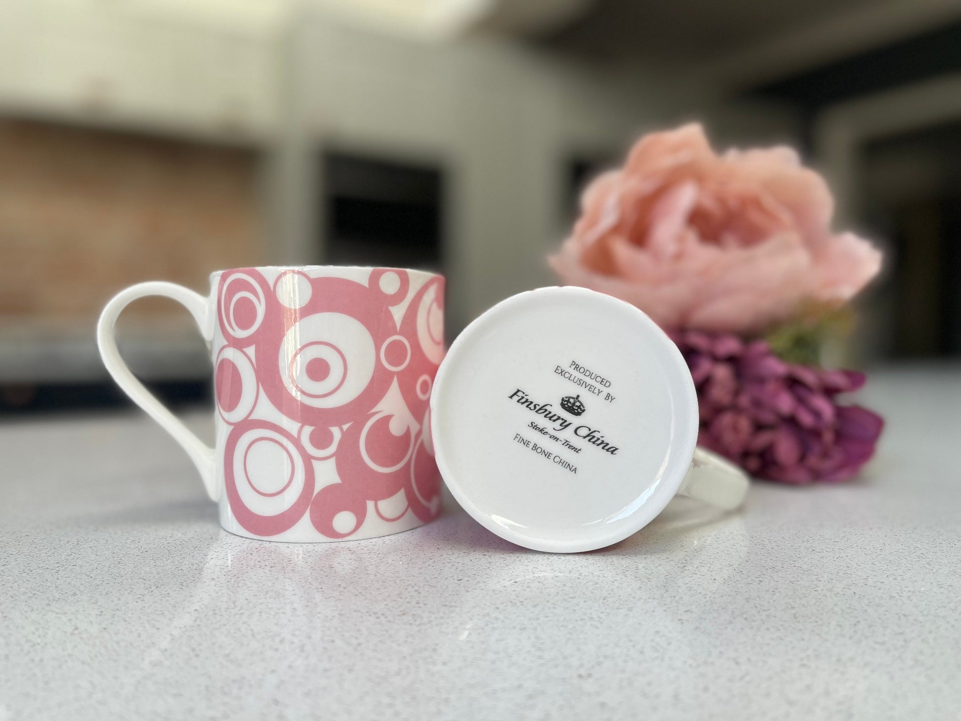 Set of 6 Fine Bone China Pink Circles Mug Set