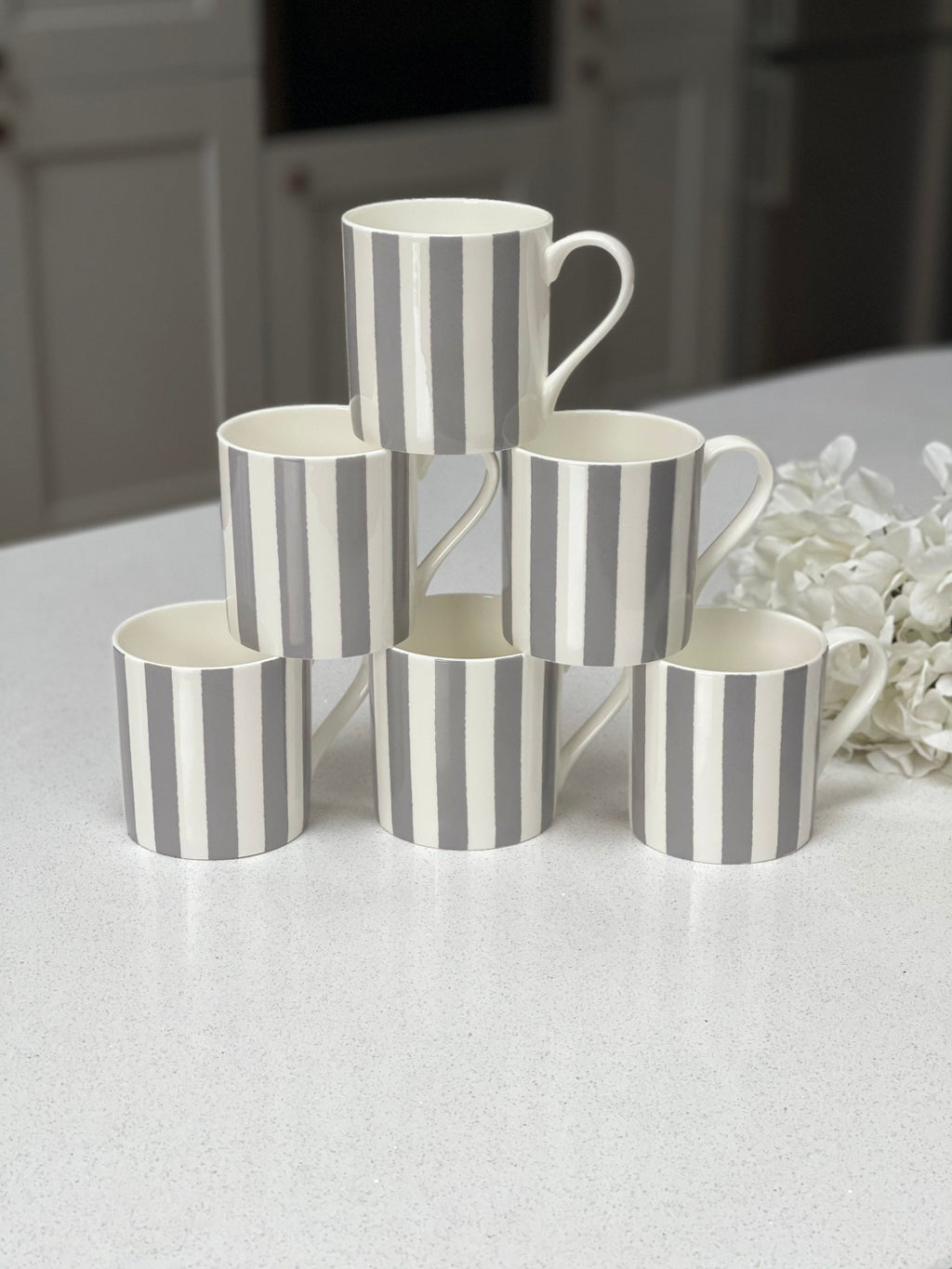 Set of 6 Fine Bone China Vertical Stripe Grey Mugs
