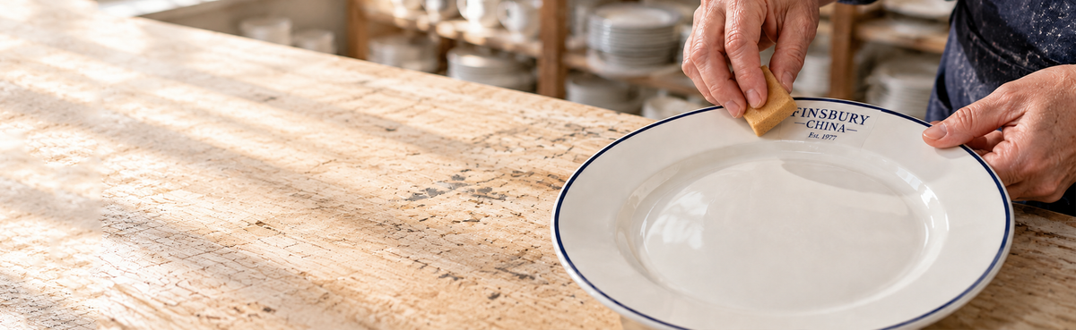 Hand-finishing a Finsbury China plate with a navy band