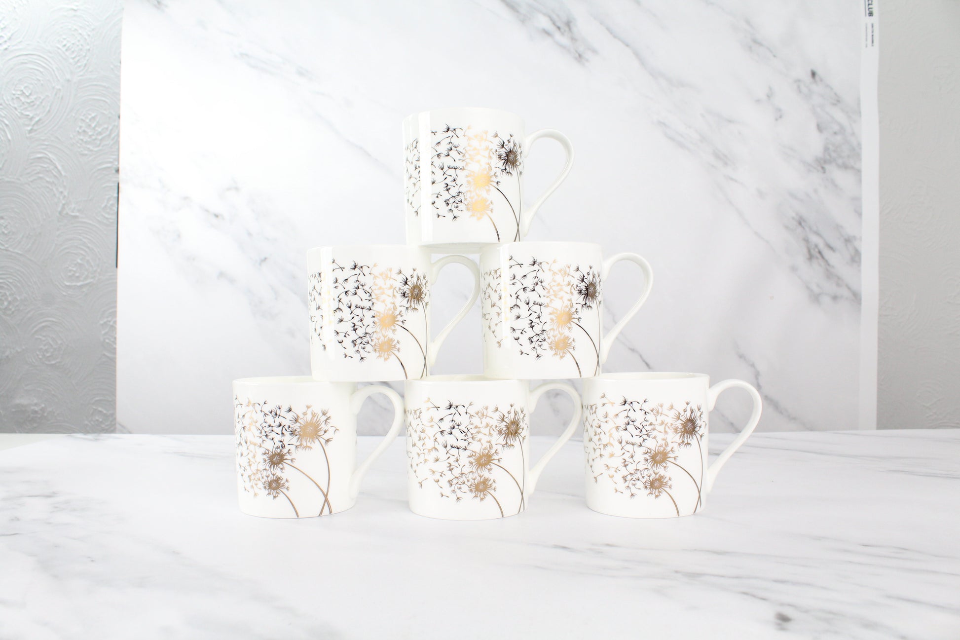 Set of 6 Fine Bone China Dandelion Wraparound Design in Gold