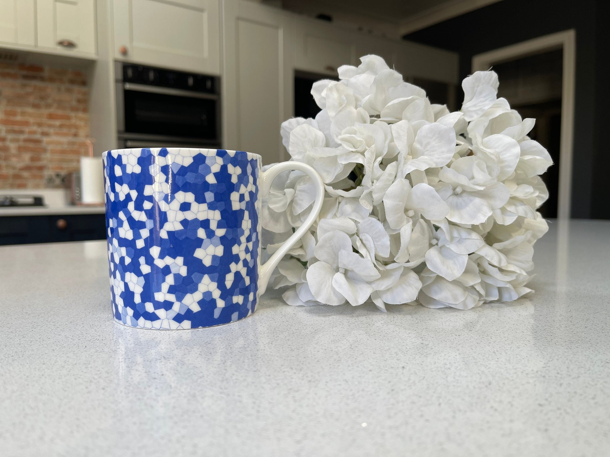 Set of 6 12oz Fine Bone China Mug Set in a Blue Honeycomb Design