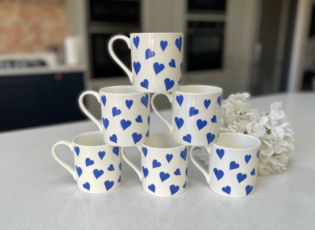 Set of 6 12oz Fine Bone China Blue Heart Mug Set