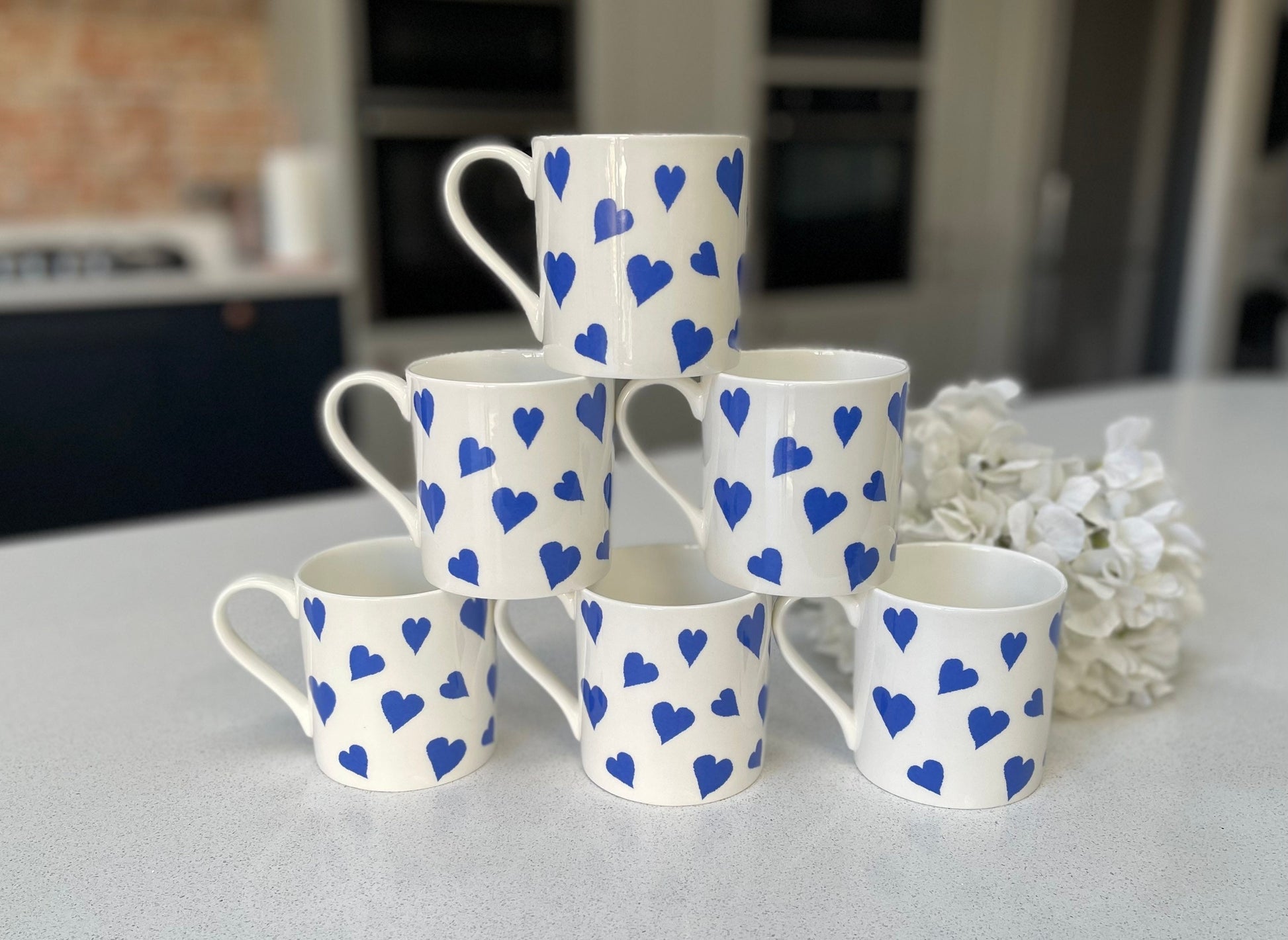 Set of 6 12oz Fine Bone China Blue Heart Mug Set