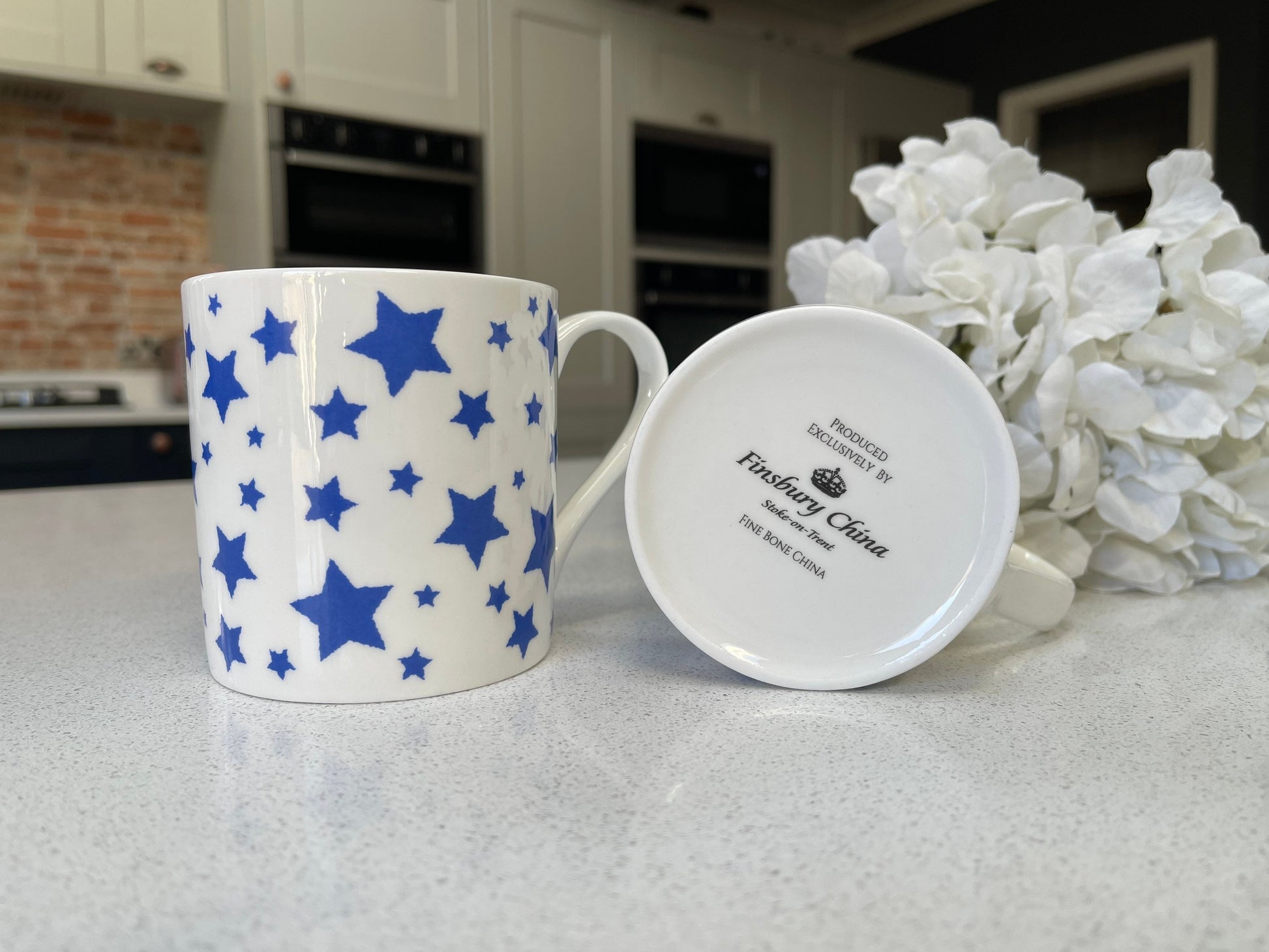 Set of 6 12oz Fine Bone China Blue Star Mug Set