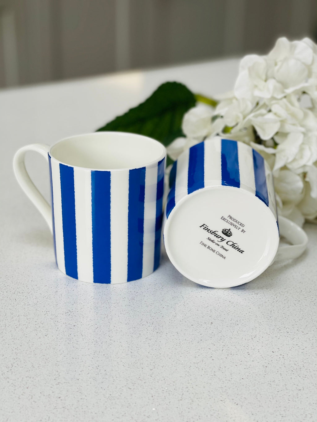 Set of 6 Fine Bone China Vertical Stripe Blue Mugs
