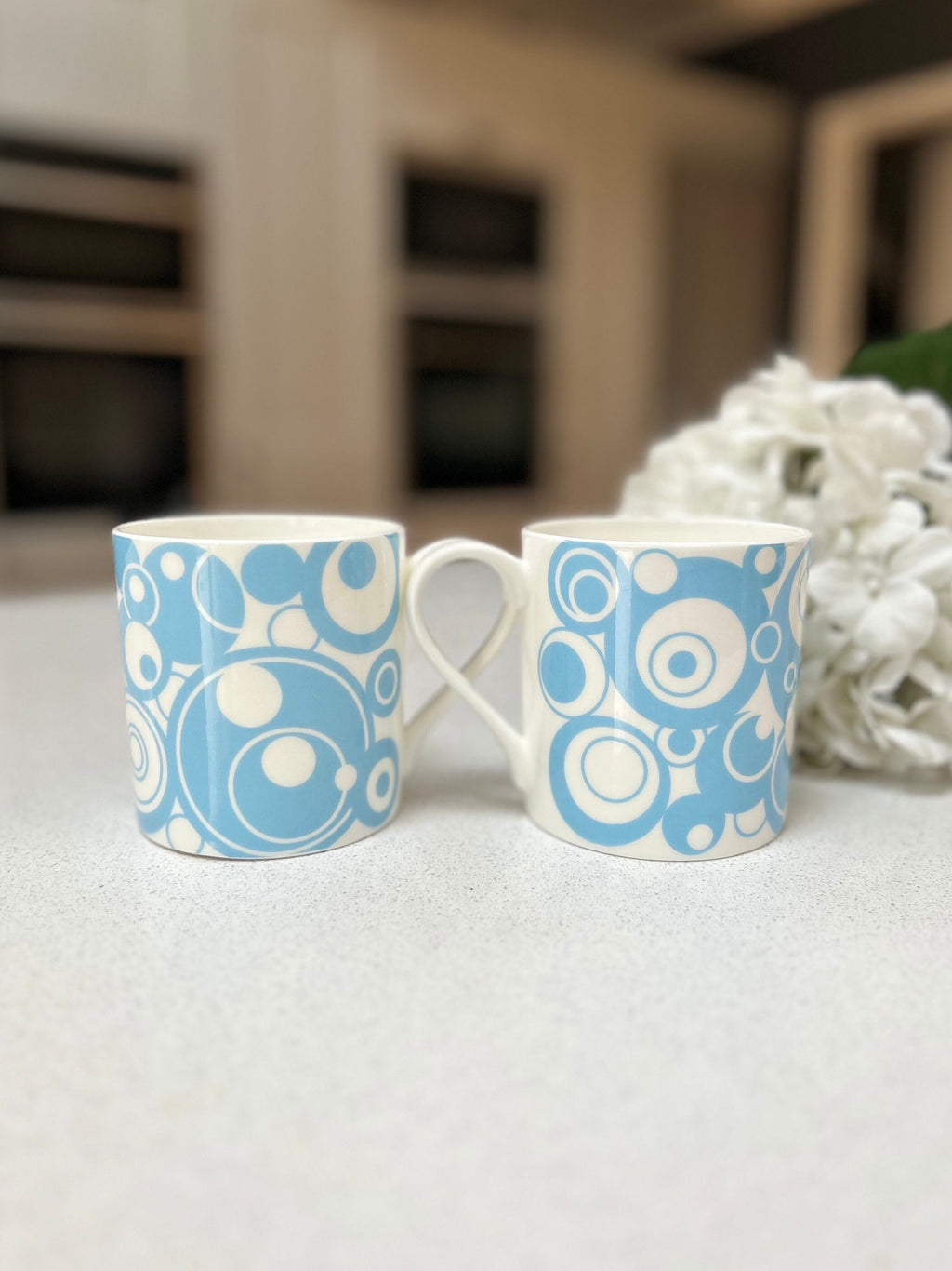 Set of 6 12oz Fine Bone China Light Blue Circles Mug Set