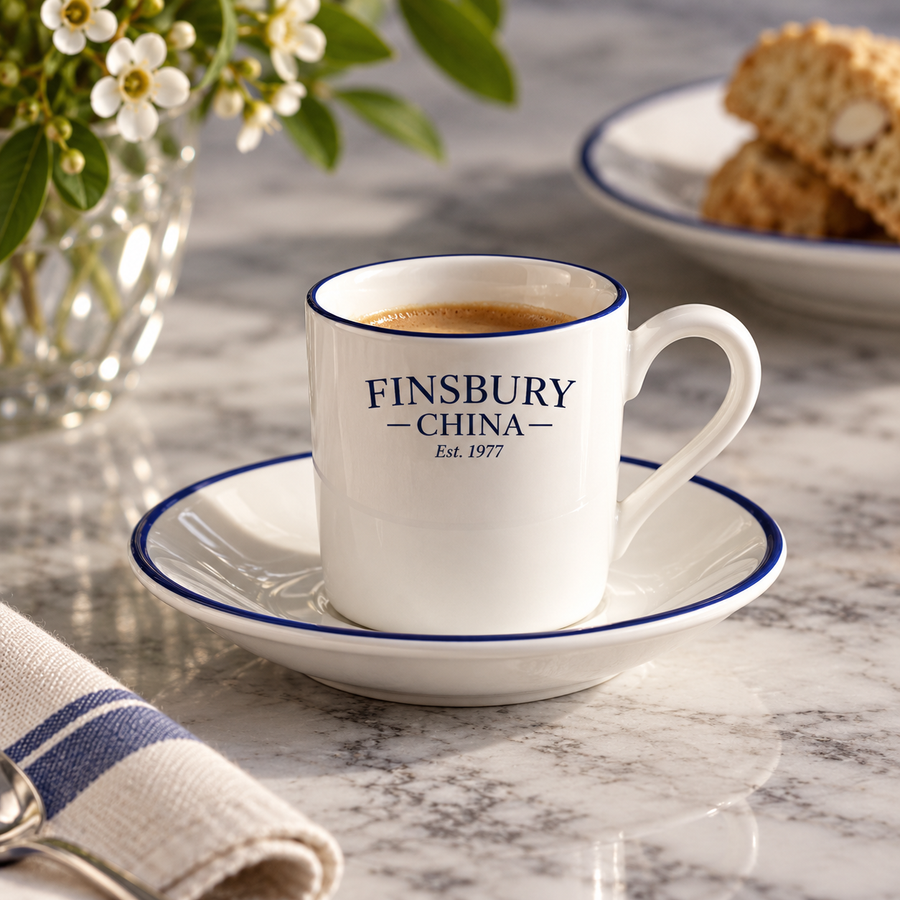 Example bespoke fine bone china espresso cup and saucer with a logo and navy edge line