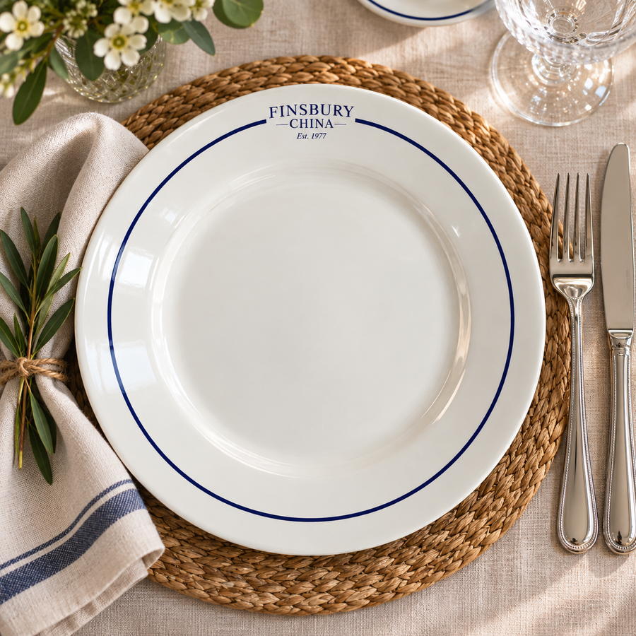 Example bespoke fine bone china plate with a logo set into a navy rim band