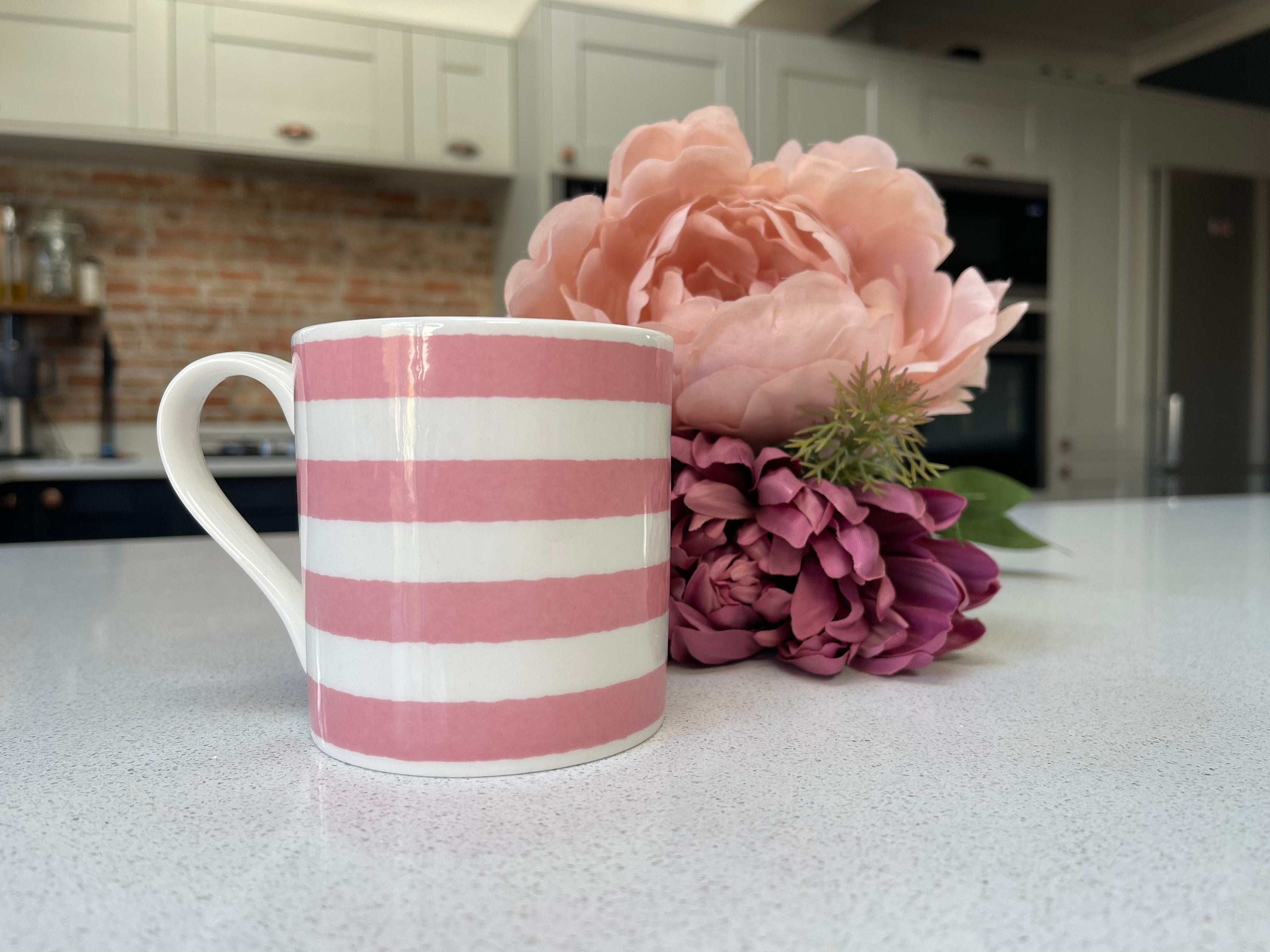 "Pink Horizontal Stripes" 12oz Fine Bone China Mug