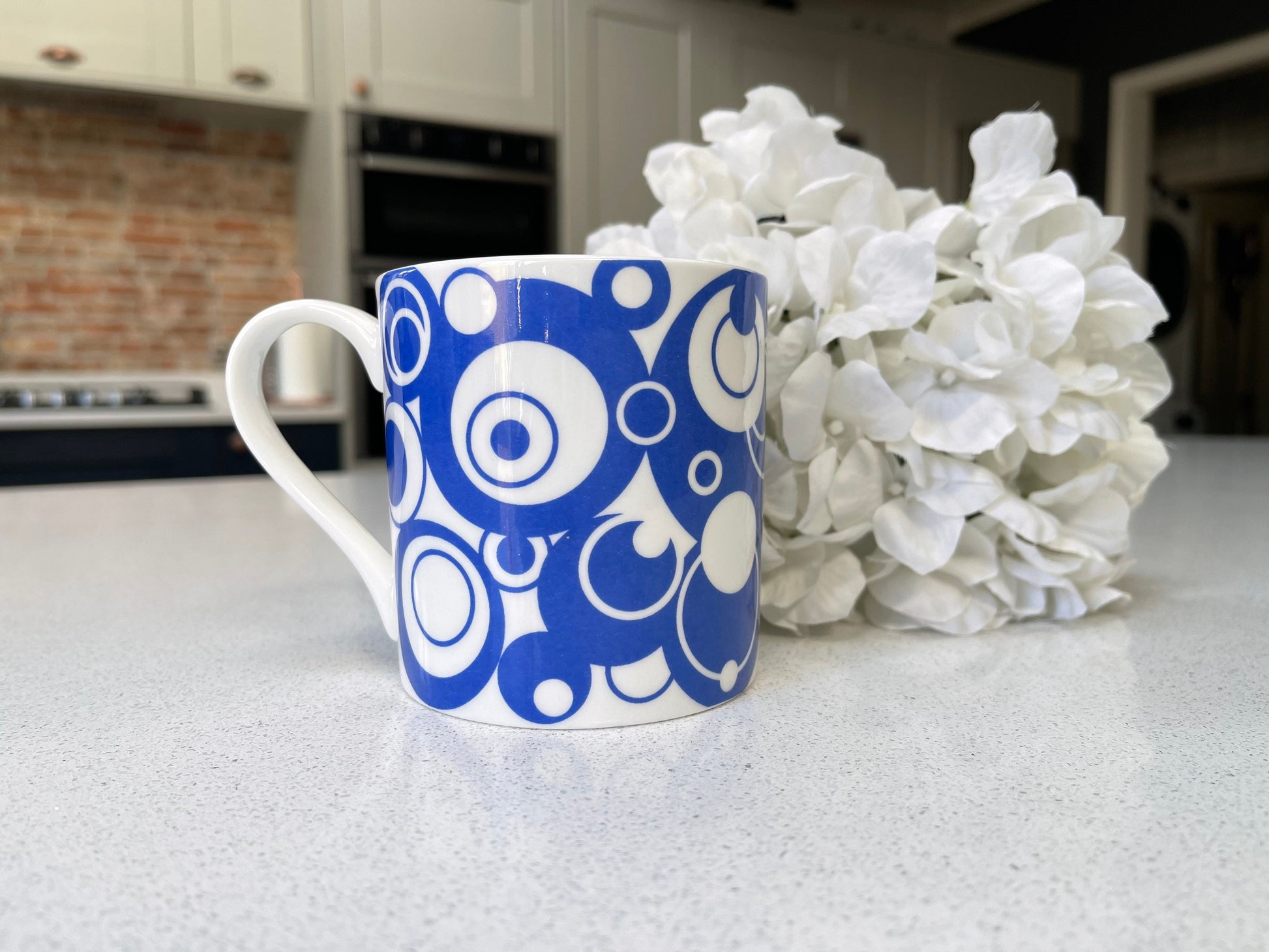 Set of 6 12oz Fine Bone China Blue Circles Mug Set