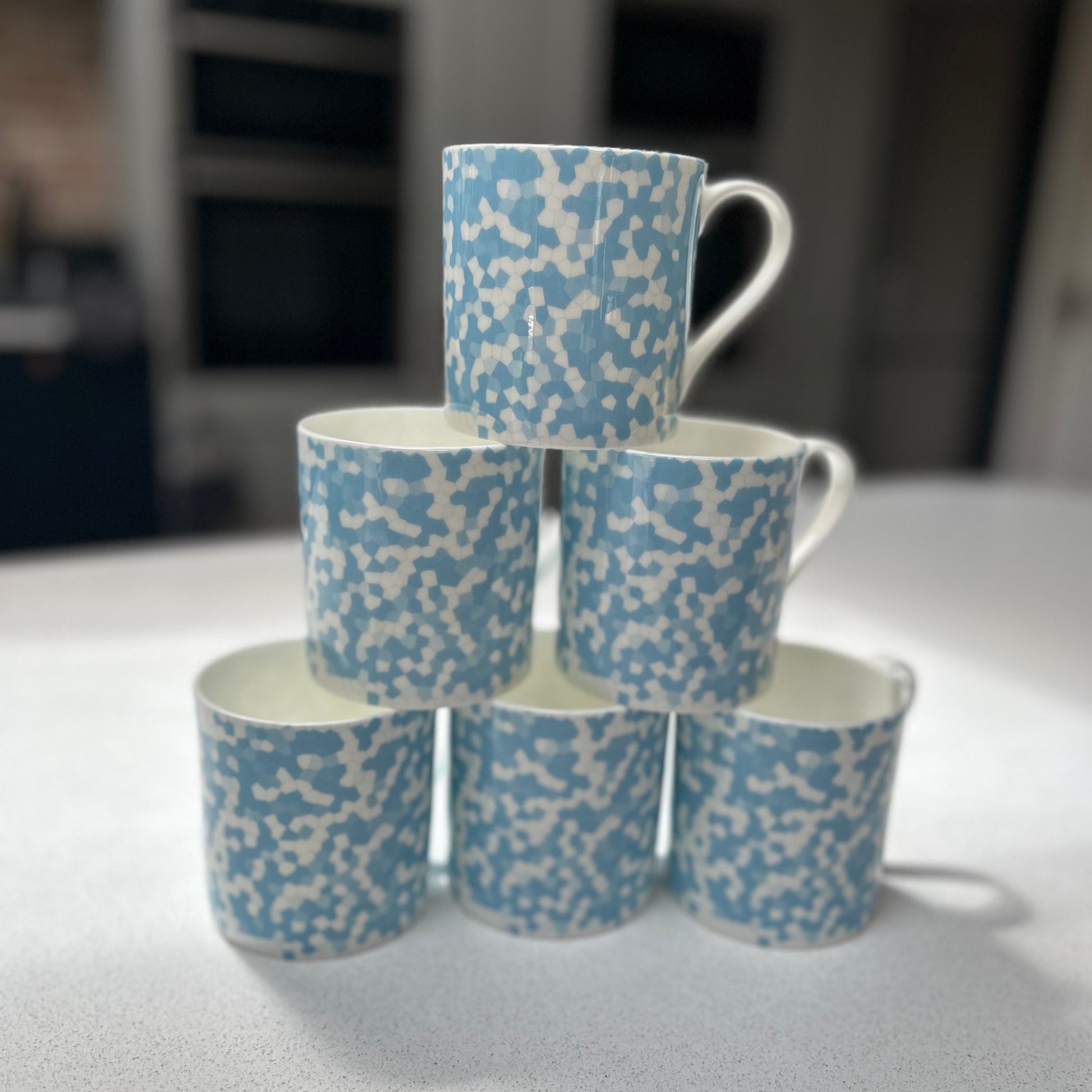 Set of 6 12oz Fine Bone China Mug Set in a Light Blue Honeycomb Design
