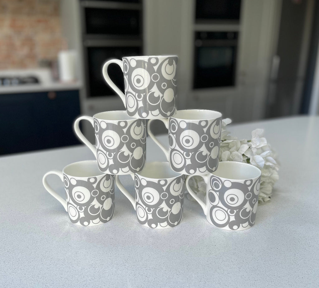 Set of 6 12oz Fine Bone China Grey Circles Mug Set