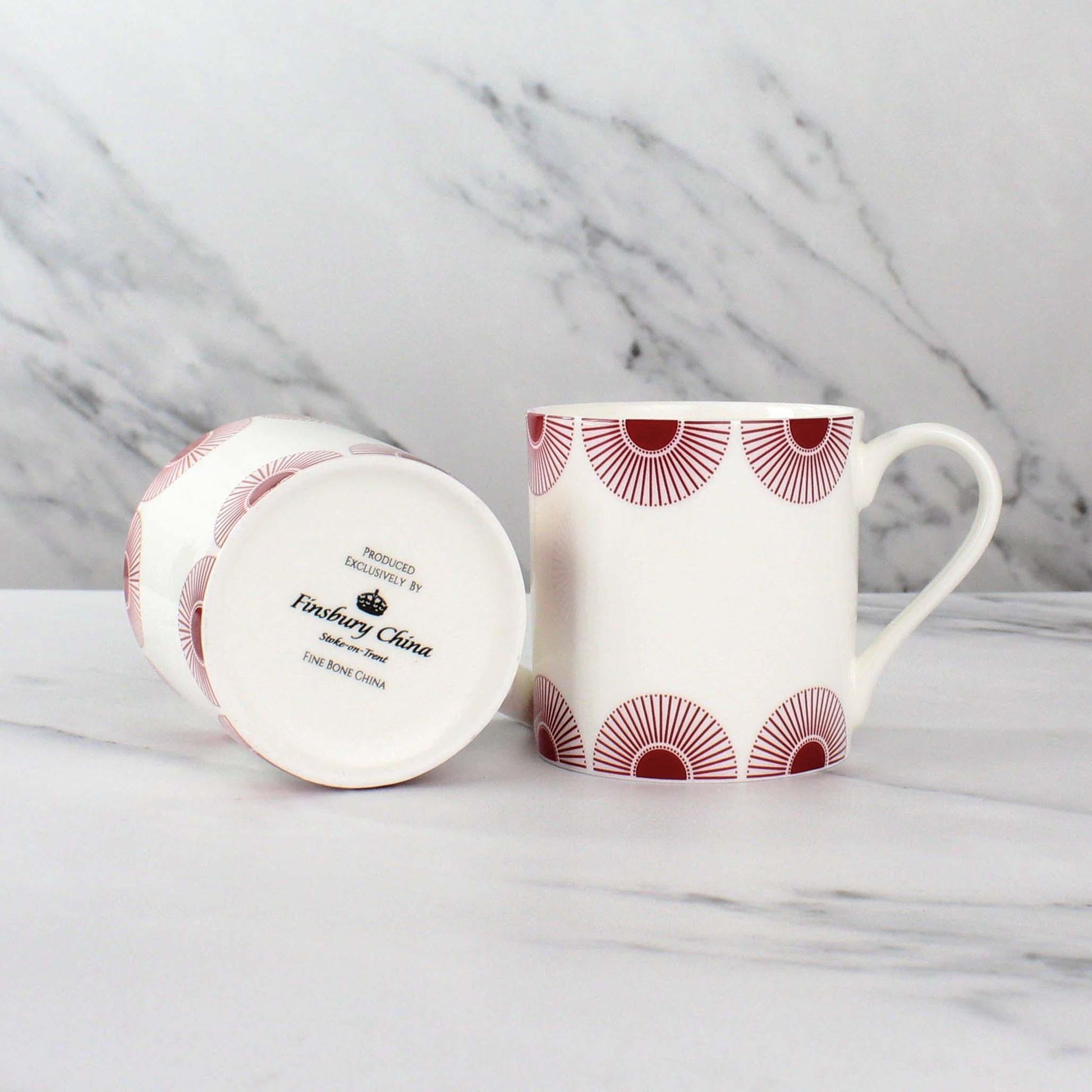 Set of 6 Fine Bone China Fan Mug Wraparound Design in Burgundy