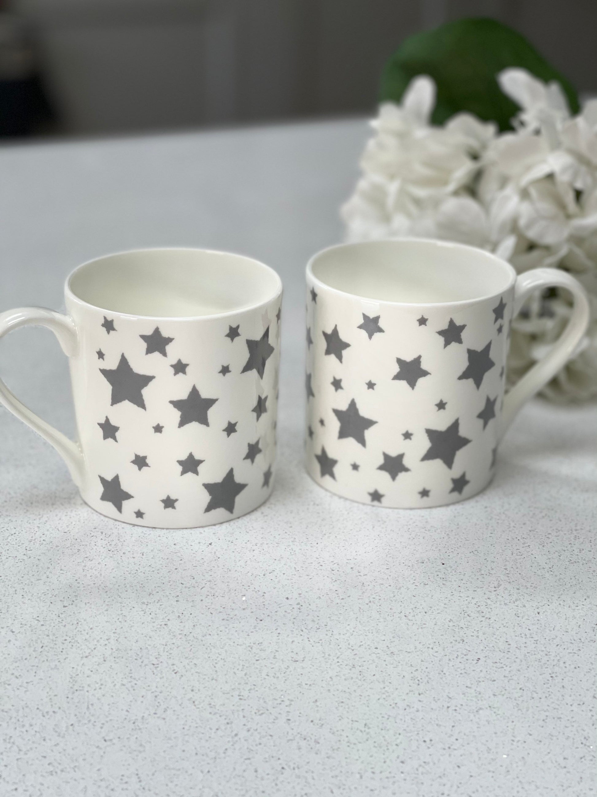 Fine Bone China 12oz 6 Mug Set with a wraparound grey star design