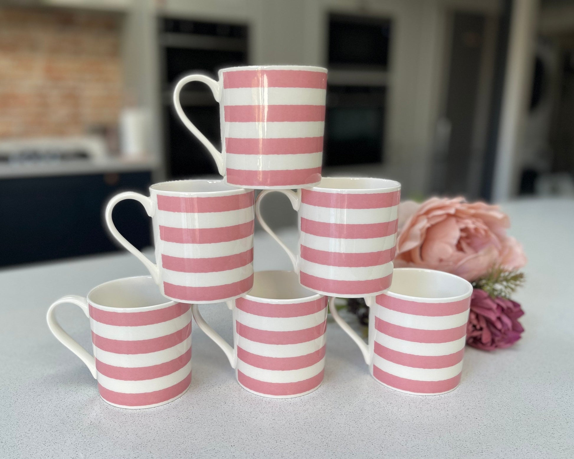 Set of 6 Fine Bone China Pink Horizontal Mug Set