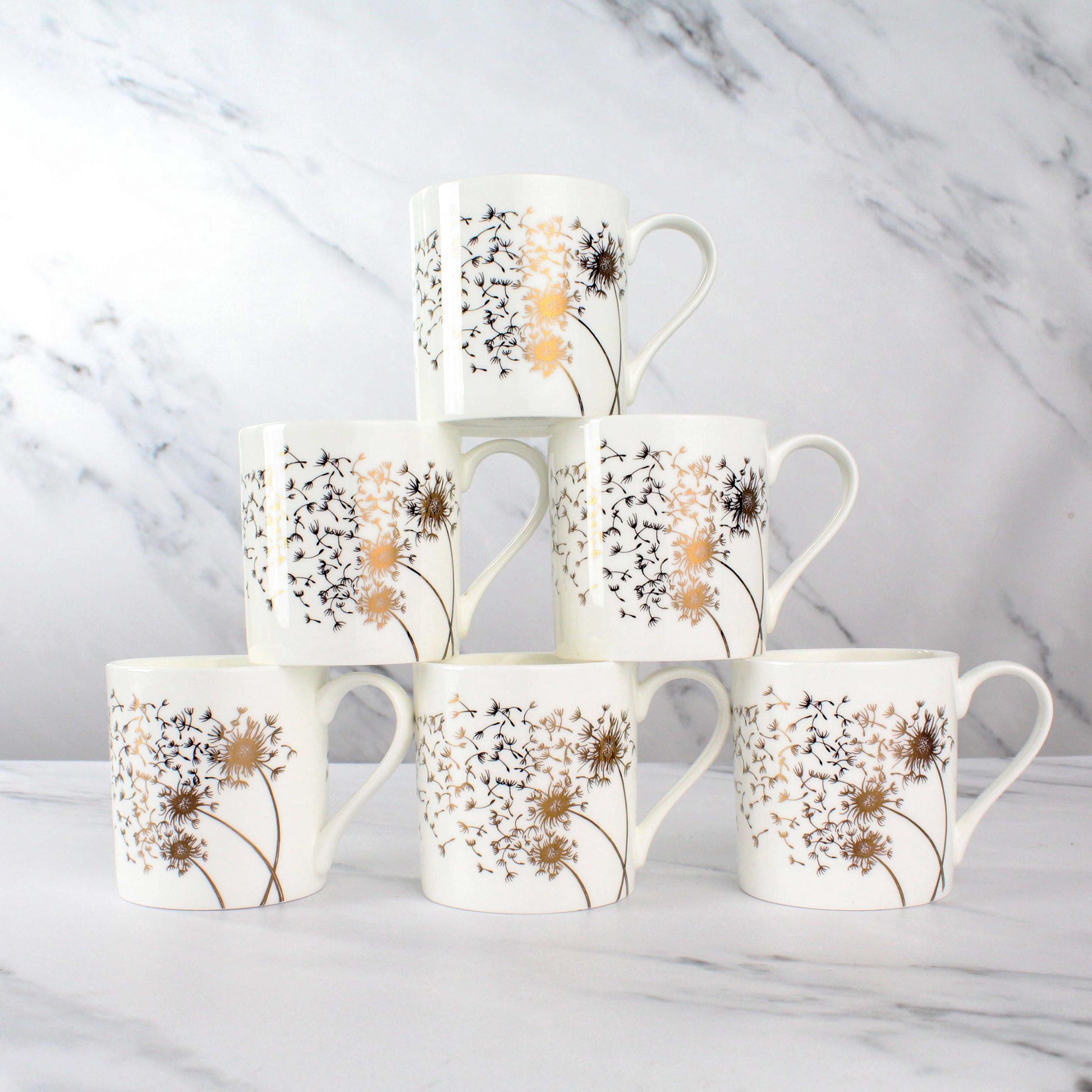 Set of 6 Fine Bone China Dandelion Wraparound Design in Gold
