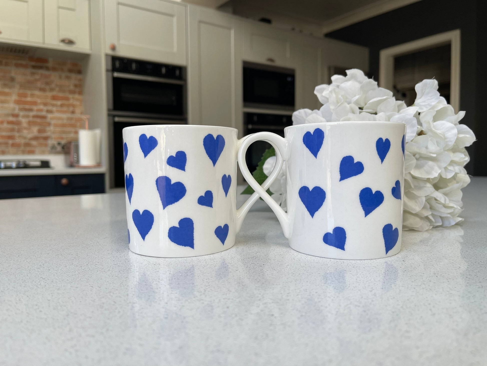 Set of 6 12oz Fine Bone China Blue Heart Mug Set