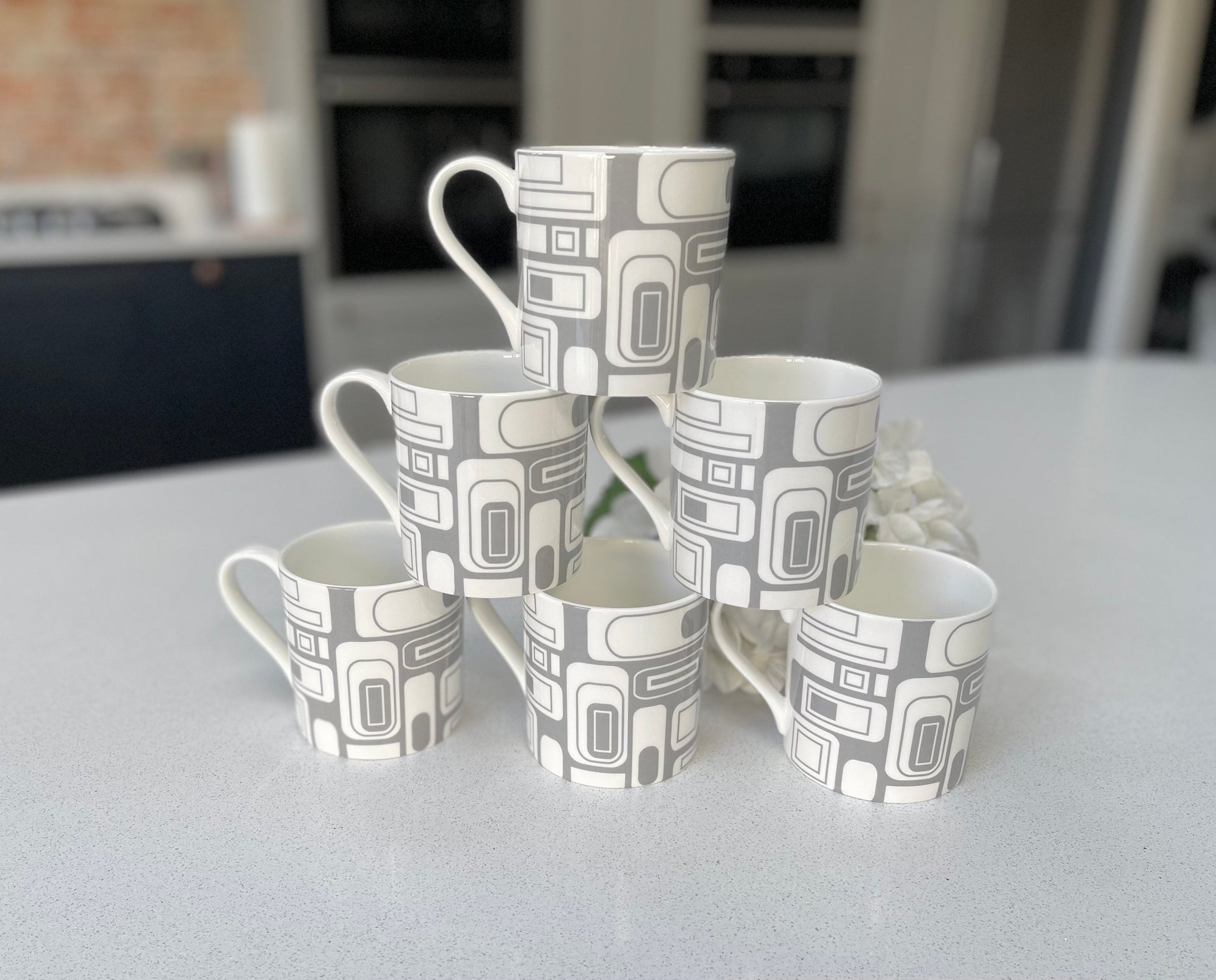 Set of 6 12oz Fine Bone China Retro Grey design mug set