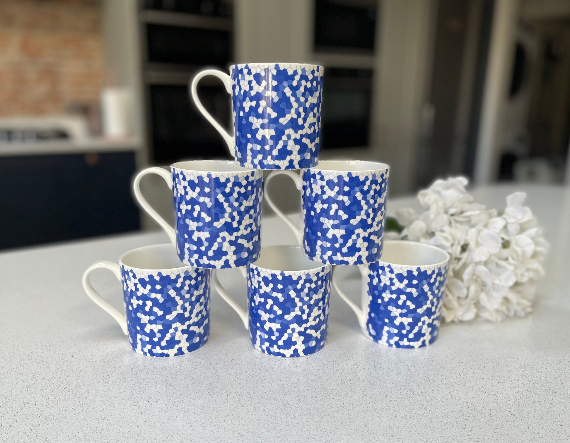 Set of 6 12oz Fine Bone China Mug Set in a Blue Honeycomb Design