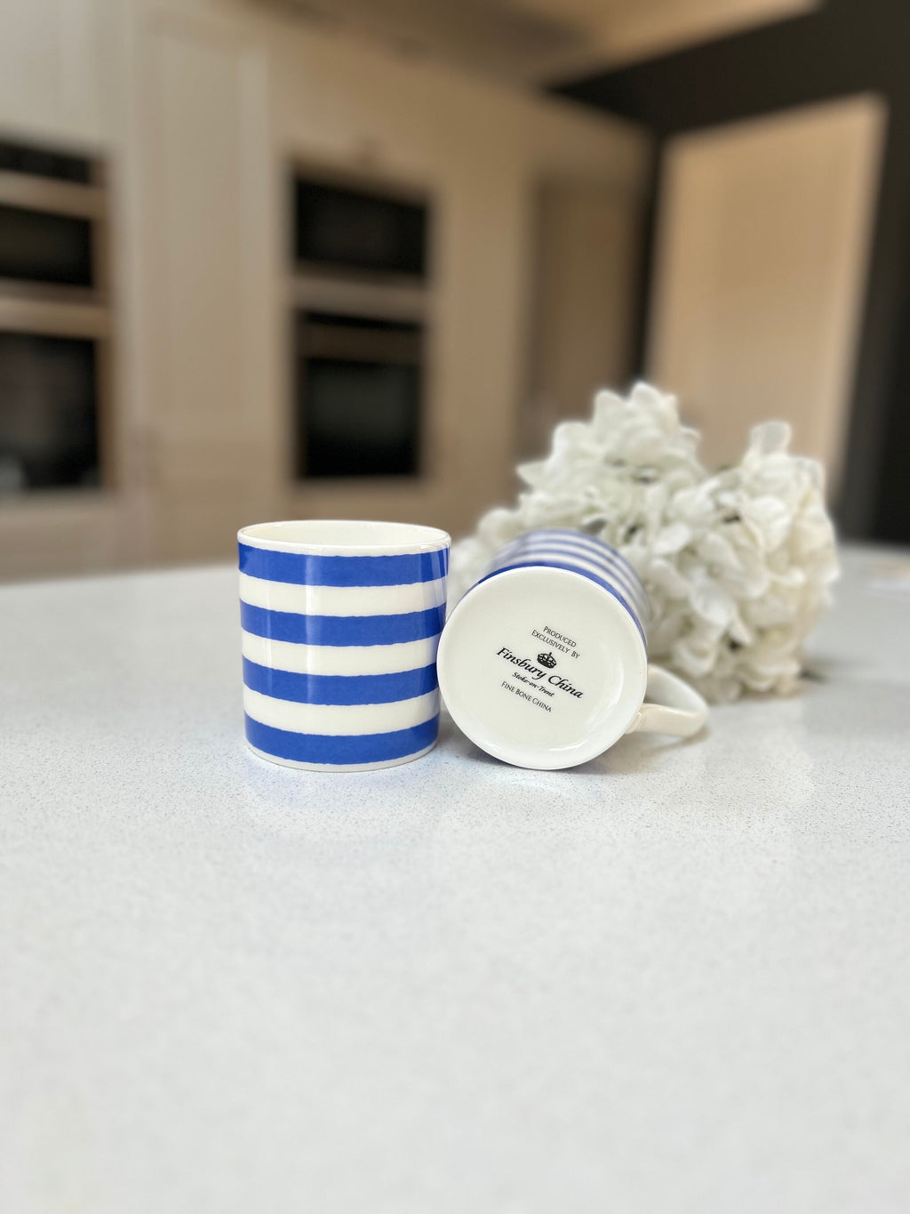 Horizontal Blue Stripe 6 Mug Set - 12oz Fine Bone China Cup