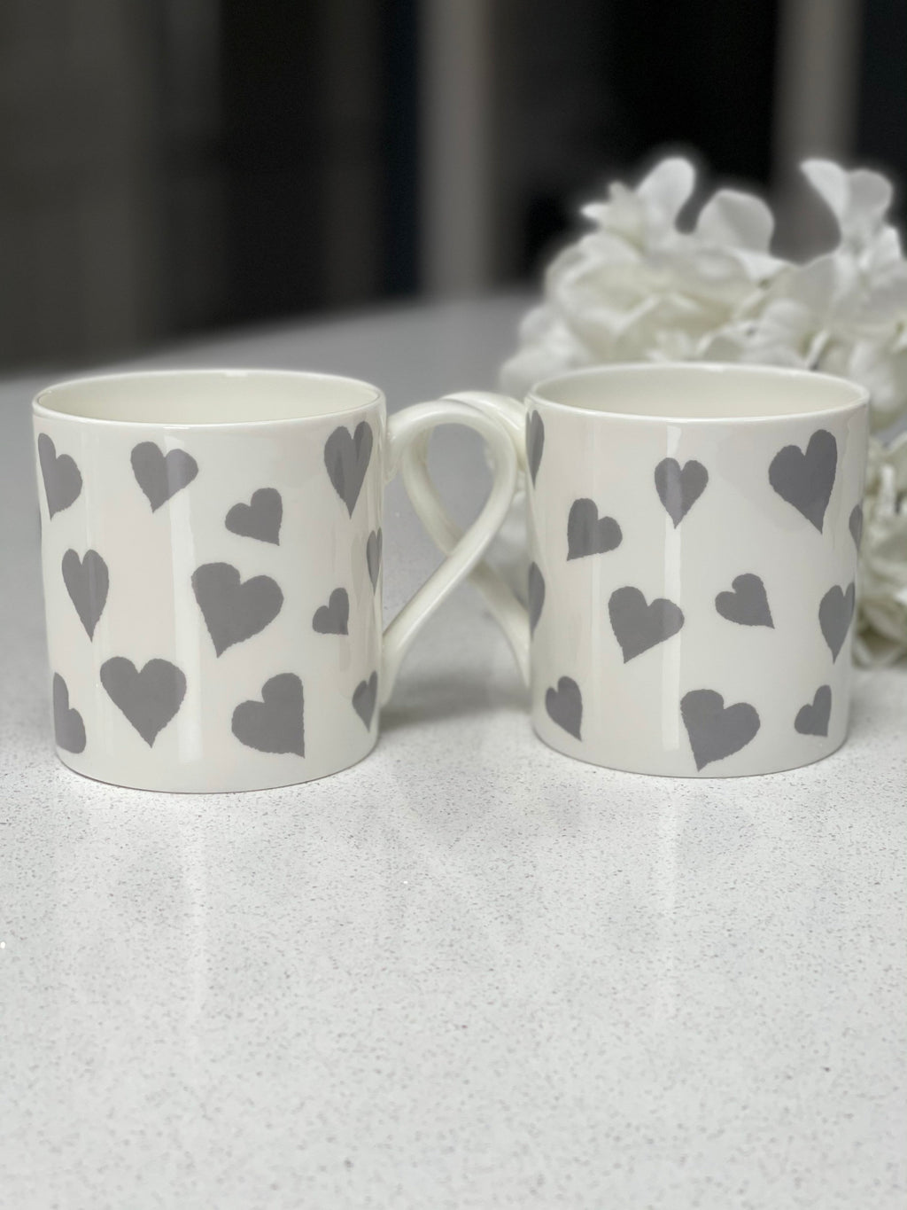 Set of 6 Grey Love Heart Fine Bone China Mugs
