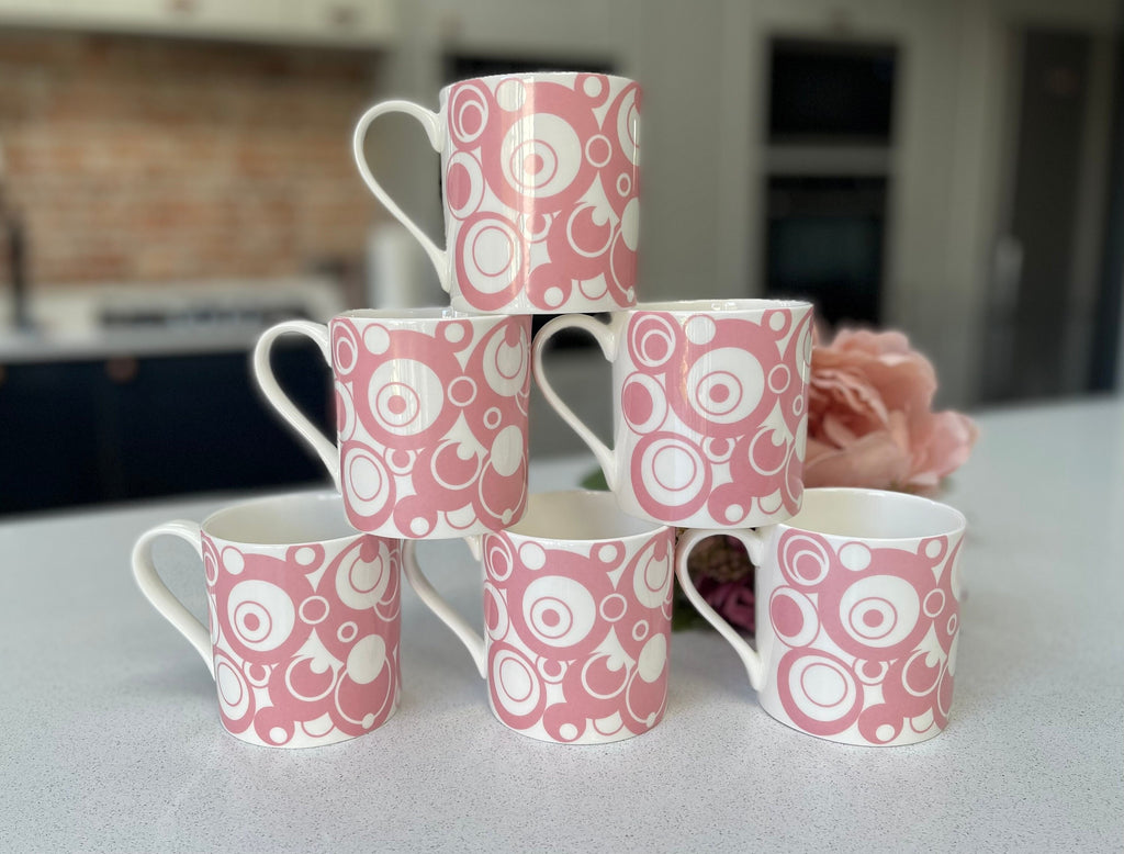 Set of 6 Fine Bone China Pink Circles Mug Set
