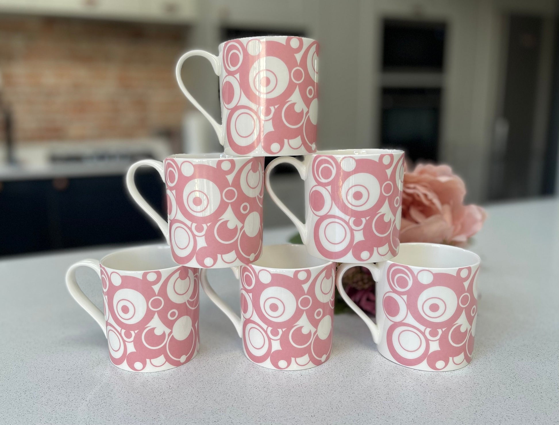 Set of 6 Fine Bone China Pink Circles Mug Set